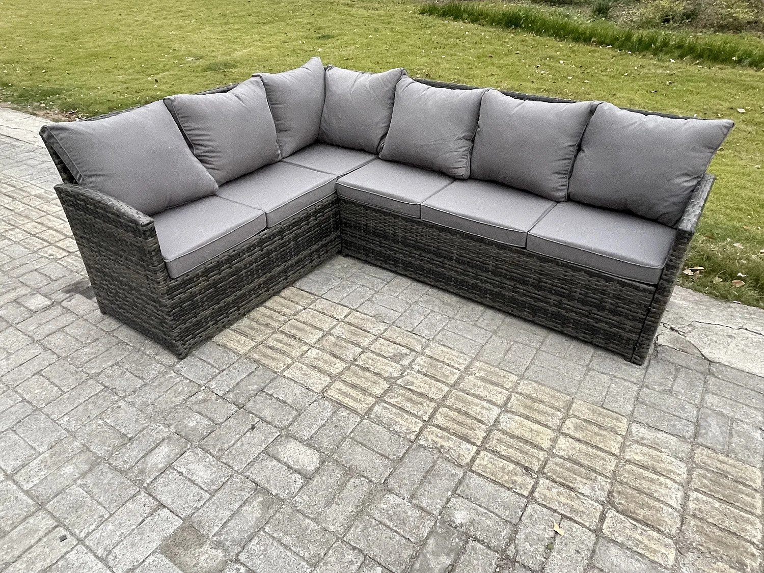 9 Sitzer Rattan Gartenmöbel Set Ecksofa Set aus Polyrattan mit Quadratischer Couchtisch 3 Fußhockern Dunkelgrau gemischt