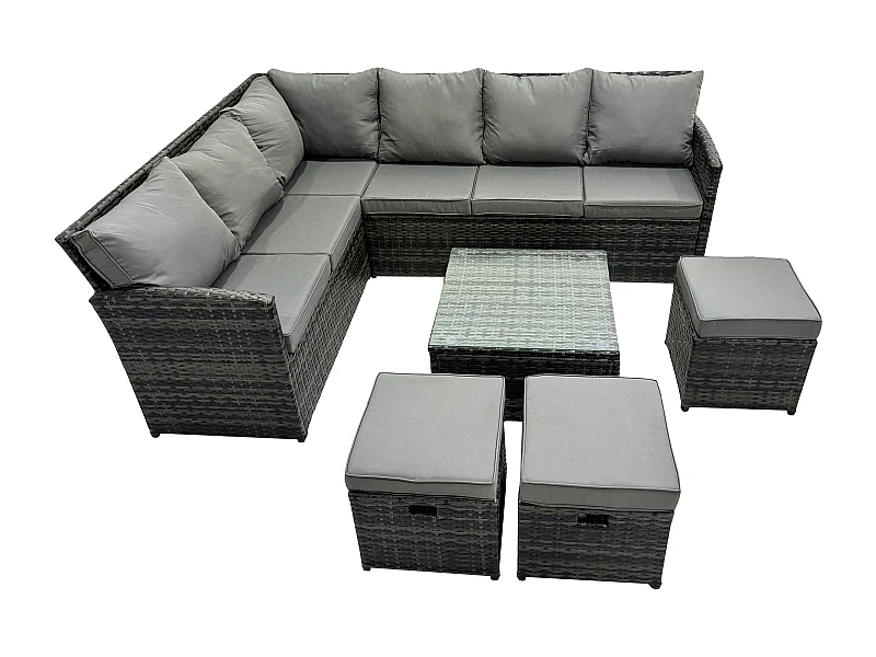 9 Sitzer Rattan Gartenmöbel Set Ecksofa Set aus Polyrattan mit Quadratischer Couchtisch 3 Fußhockern Dunkelgrau gemischt