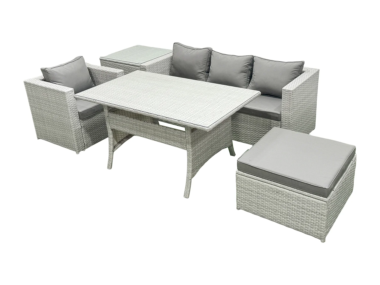 Fimous Rattan Garden Furniture Set Outdoor 5 Seater Patio Dining Sets with Glass Top Dining Table and Side Table Light Grey Mixed