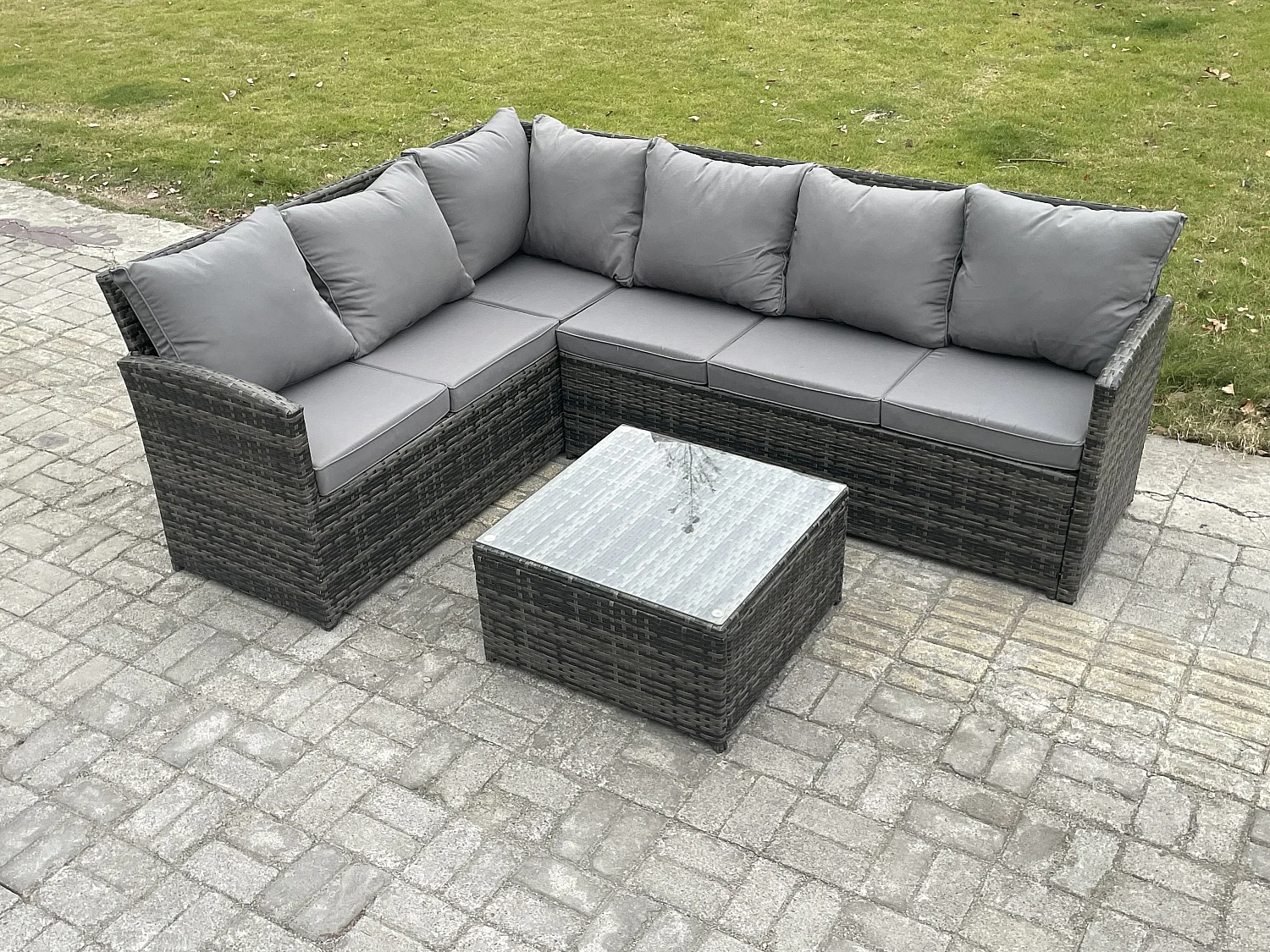 6 Sitzer Rattan Gartenmöbel Set Ecksofa Set aus Polyrattan mit Quadratischer Couchtisch Dunkelgrau gemischt