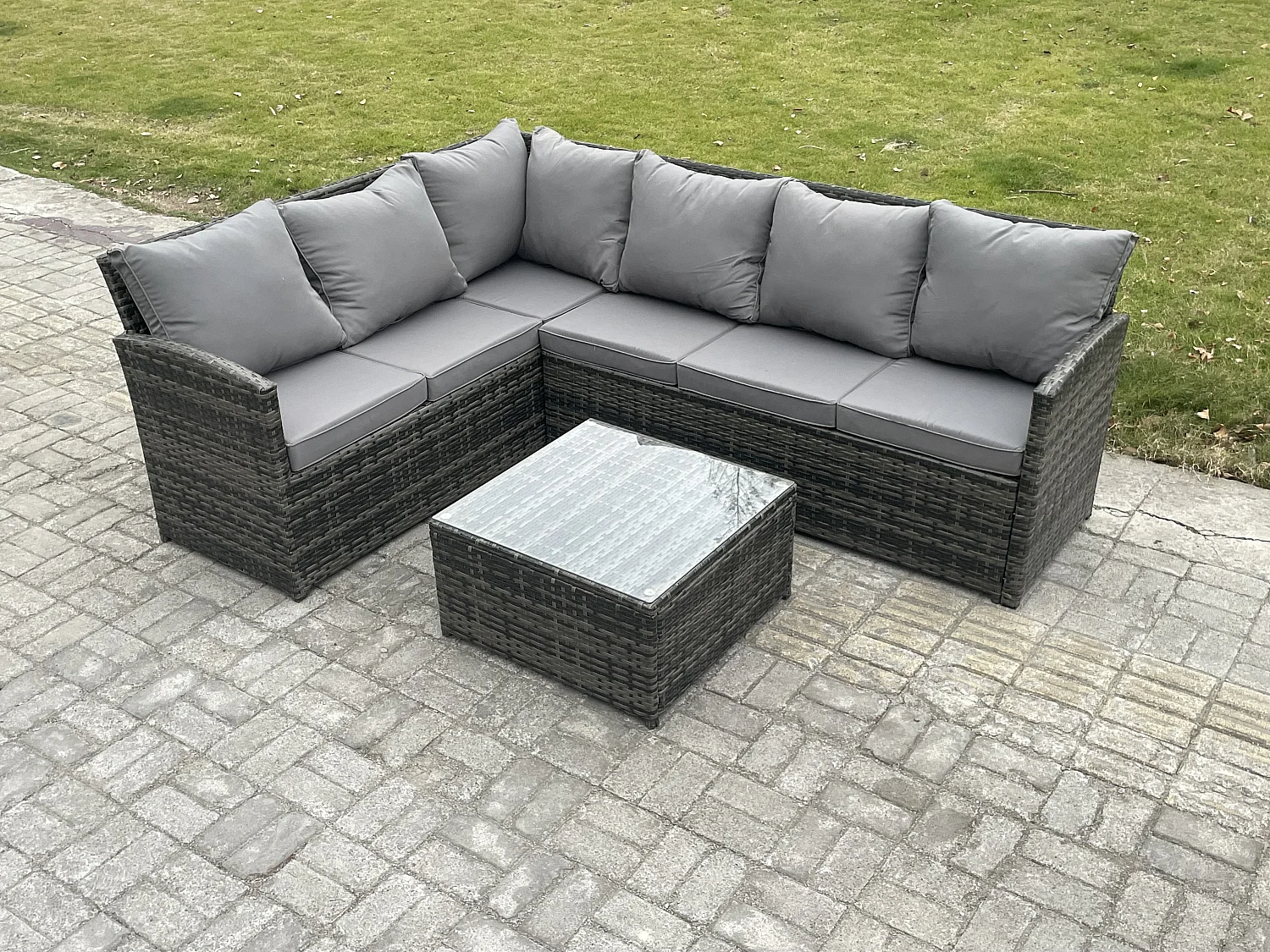 6 Sitzer Rattan Gartenmöbel Set Ecksofa Set aus Polyrattan mit Quadratischer Couchtisch Dunkelgrau gemischt