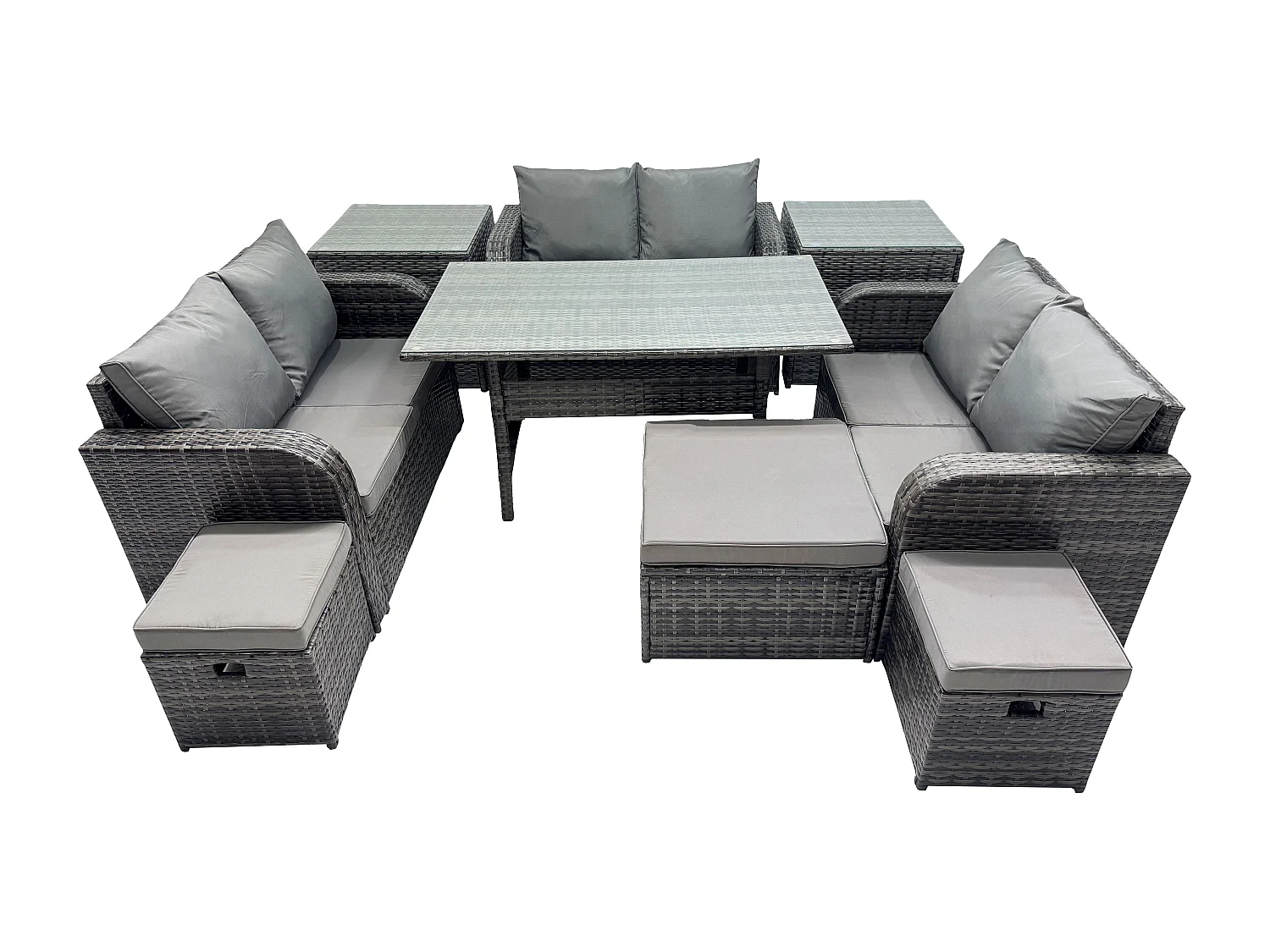 Fimous 9 Pieces Outdoor Rattan Garden Furniture Set with Patio Rectangular Dining Table Love Sofa 2 Side Tables 3 Footstools Dark Grey Mixed