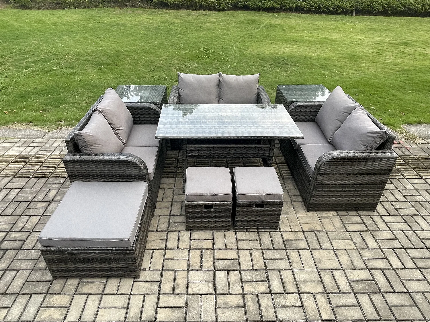 Fimous 9 Pieces Outdoor Rattan Garden Furniture Set with Patio Rectangular Dining Table Love Sofa 2 Side Tables 3 Footstools Dark Grey Mixed