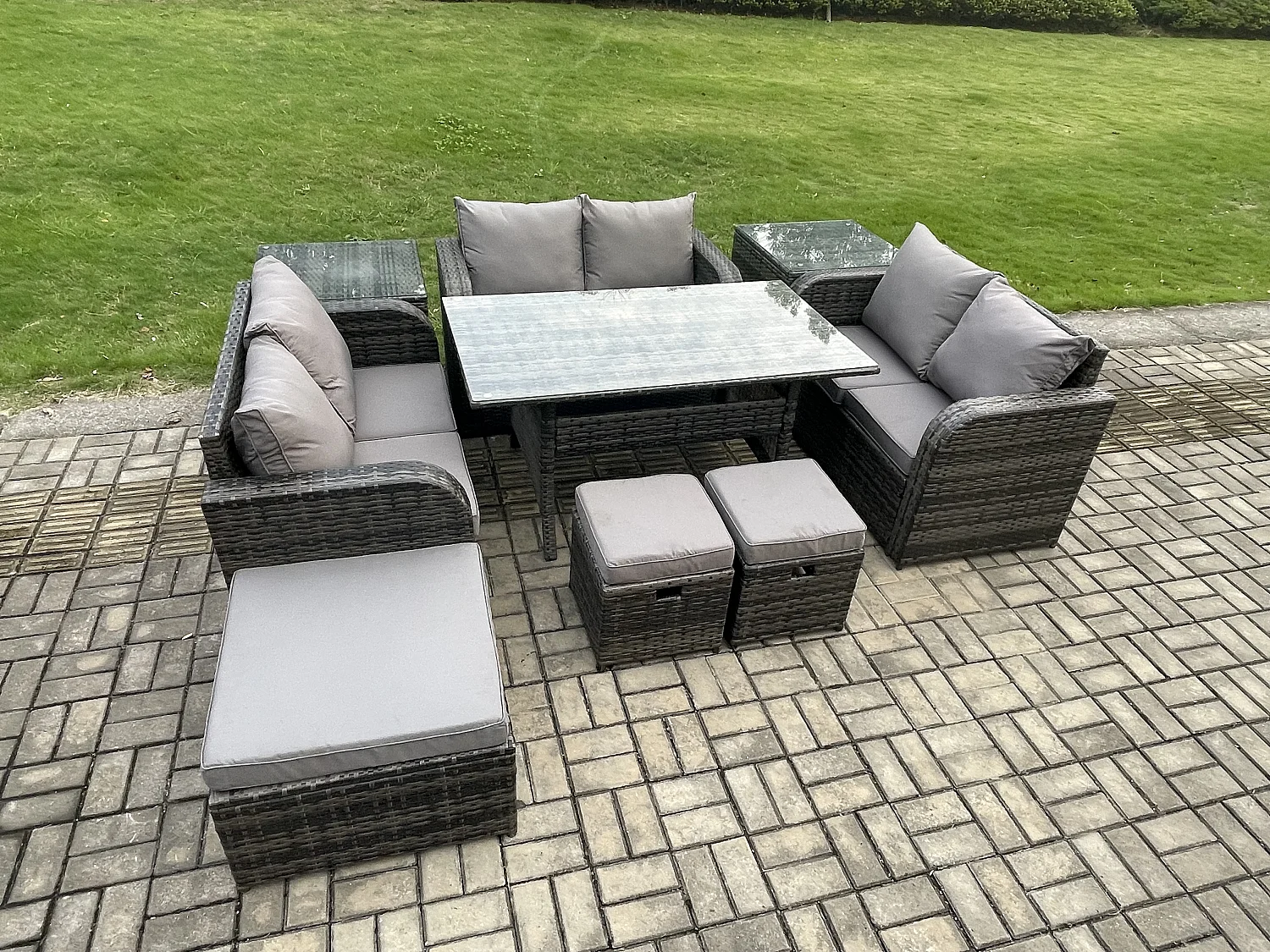 Fimous 9 Pieces Outdoor Rattan Garden Furniture Set with Patio Rectangular Dining Table Love Sofa 2 Side Tables 3 Footstools Dark Grey Mixed