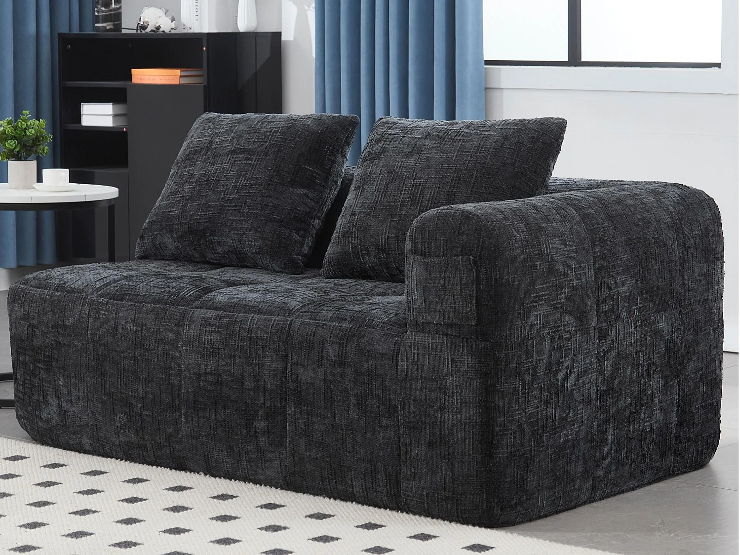 Canapé d'angle 2 places en chenille -  module d'angle - avec poche de rangement latérale - Noir - Parfait pour Salon et Studio
