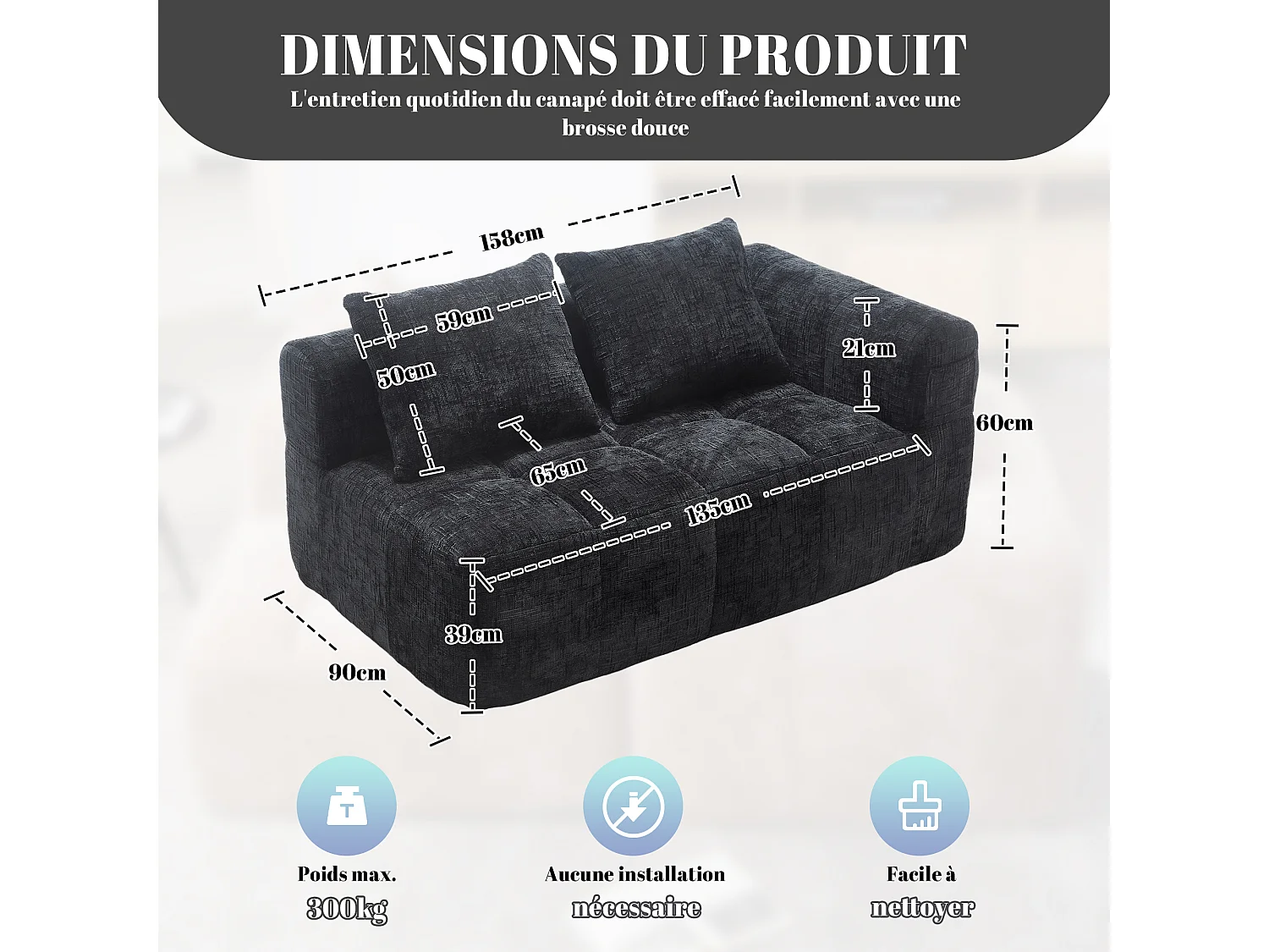 Canapé d'angle 2 places en chenille -  module d'angle - avec poche de rangement latérale - Noir - Parfait pour Salon et Studio