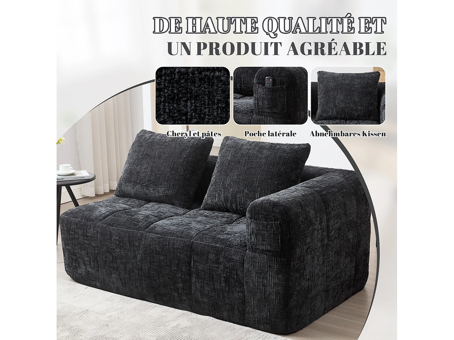 Canapé d'angle 2 places en chenille -  module d'angle - avec poche de rangement latérale - Noir - Parfait pour Salon et Studio
