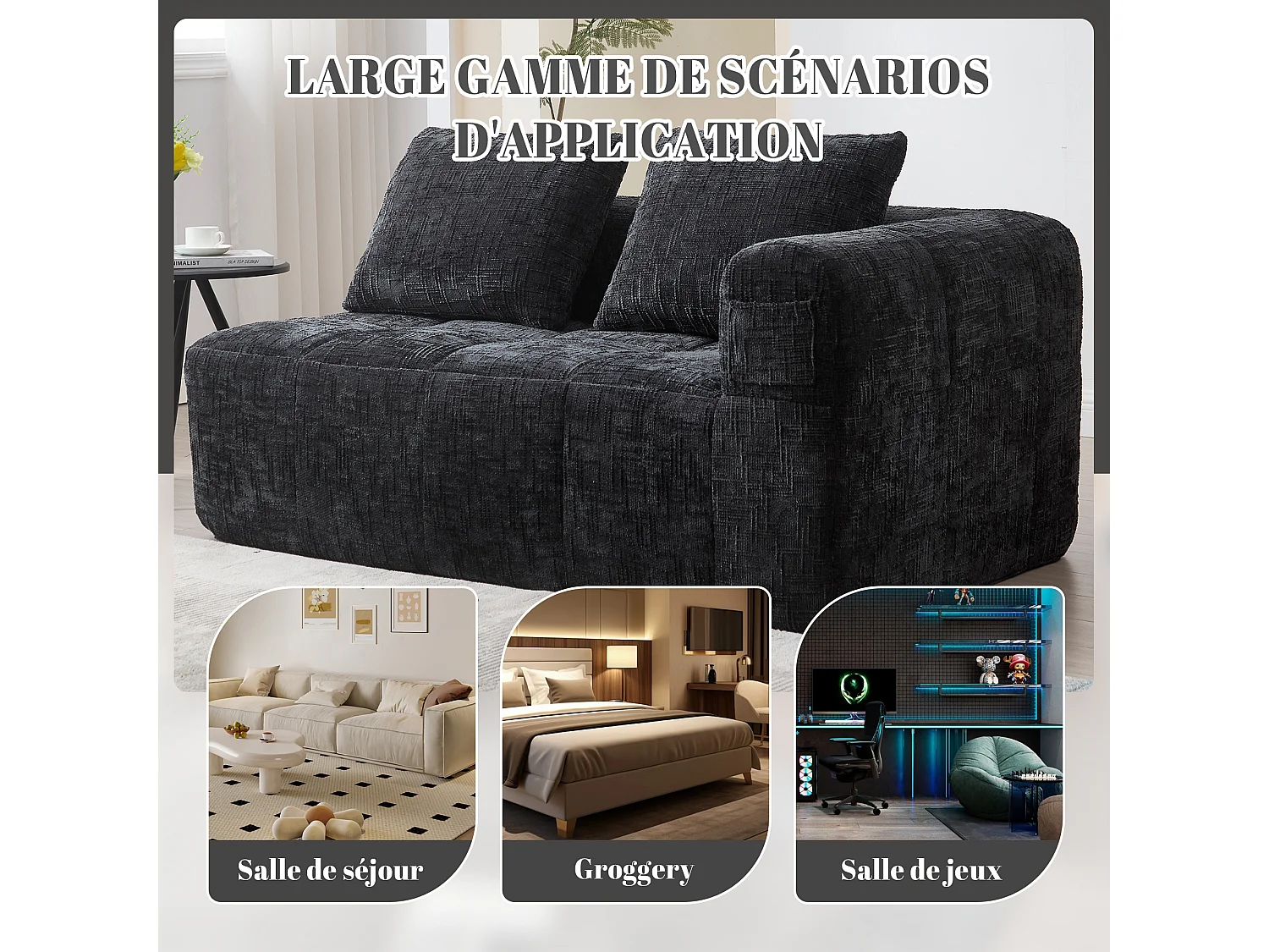Canapé d'angle 2 places en chenille -  module d'angle - avec poche de rangement latérale - Noir - Parfait pour Salon et Studio