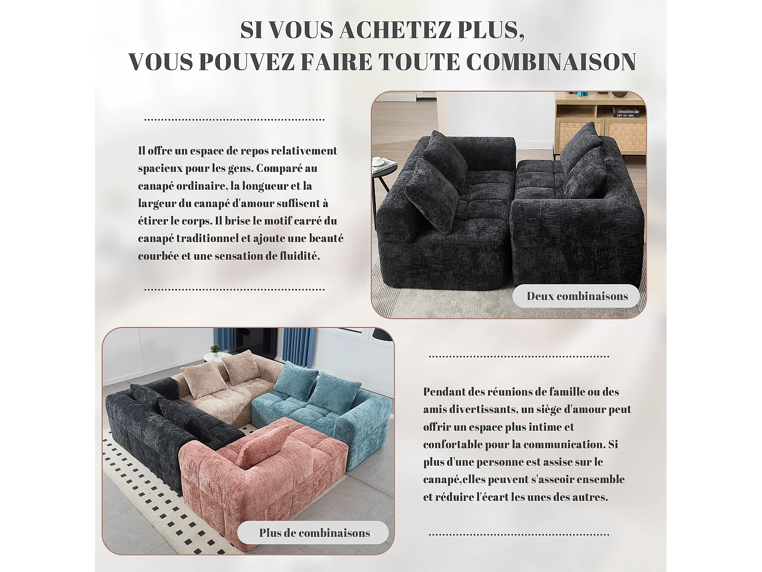 Canapé d'angle 2 places en chenille -  module d'angle - avec poche de rangement latérale - Noir - Parfait pour Salon et Studio