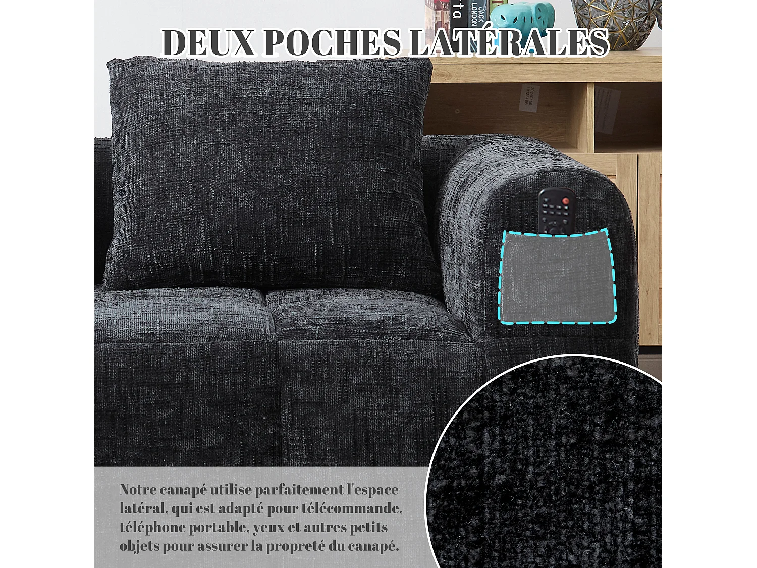 Canapé d'angle 2 places en chenille -  module d'angle - avec poche de rangement latérale - Noir - Parfait pour Salon et Studio