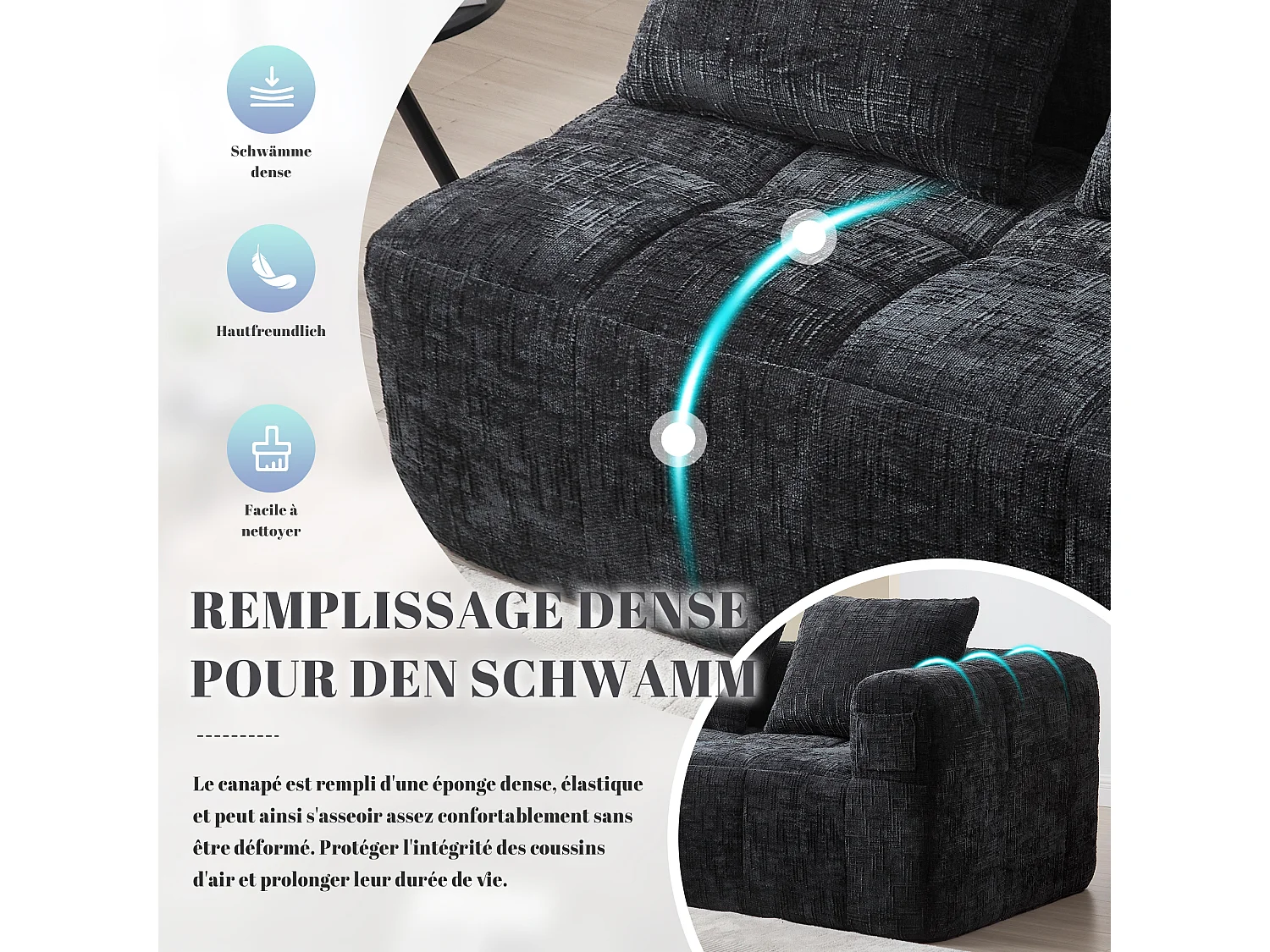 Canapé d'angle 2 places en chenille -  module d'angle - avec poche de rangement latérale - Noir - Parfait pour Salon et Studio