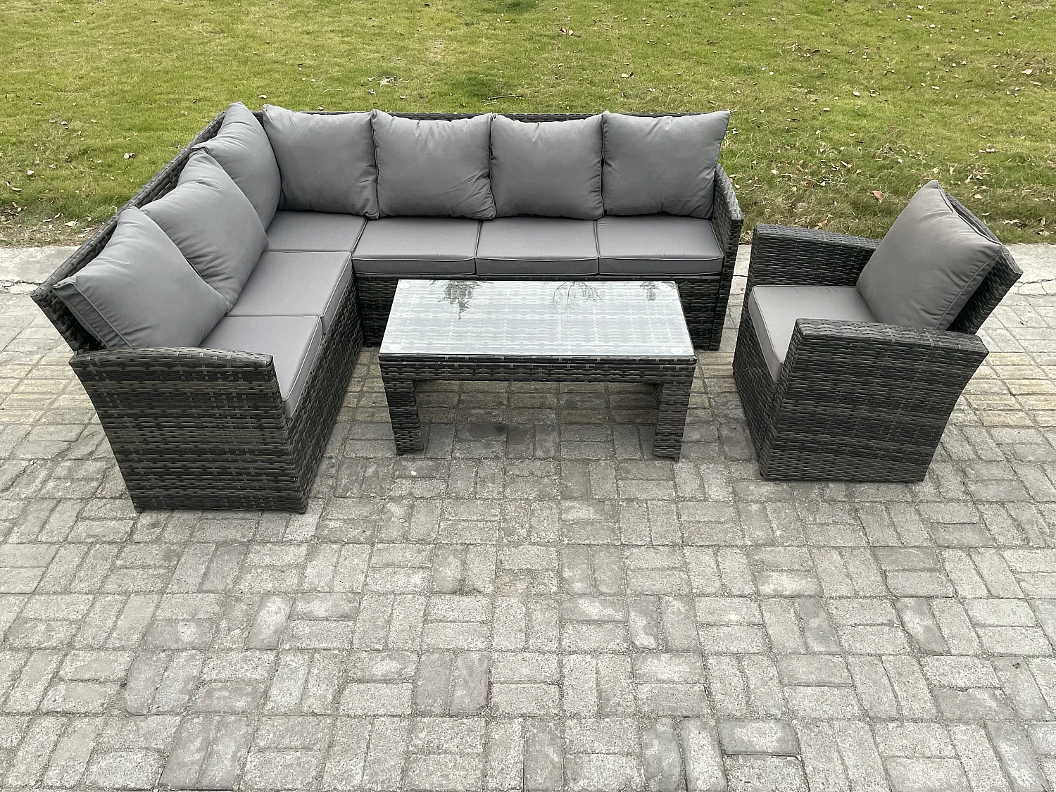 7 Sitzer Outdoor Rattan Gartenmöbel-Set Ecksofa Länger Couchtisch Sets mit Terrassen Sesseln Dunkelgrau gemischt
