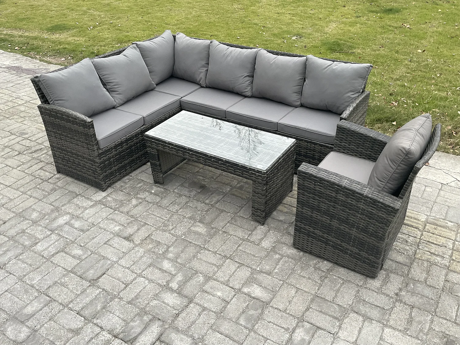 7 Sitzer Outdoor Rattan Gartenmöbel-Set Ecksofa Länger Couchtisch Sets mit Terrassen Sesseln Dunkelgrau gemischt