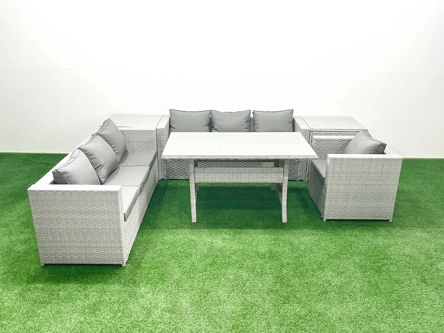 Fimous 6 Pieces Outdoor Rattan Sofa Set with Cushions Patio Garden Furniture Sets with Armchair Dining Table 2 Side Tables