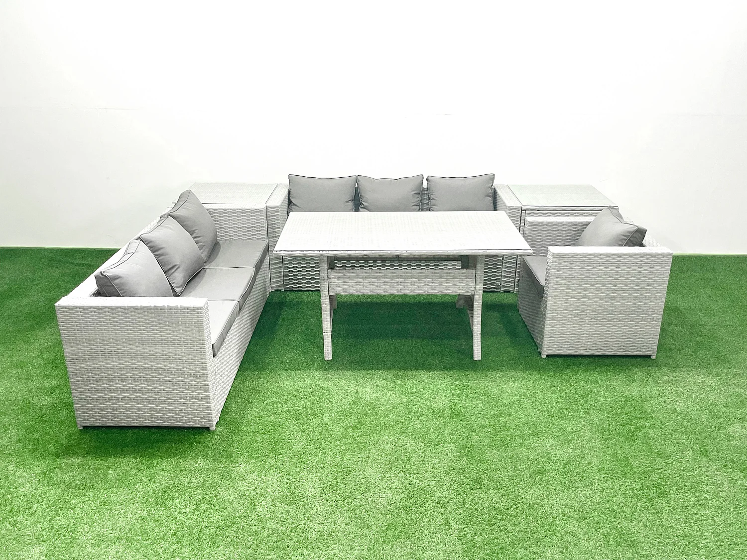 Fimous 6 Pieces Outdoor Rattan Sofa Set with Cushions Patio Garden Furniture Sets with Armchair Dining Table 2 Side Tables