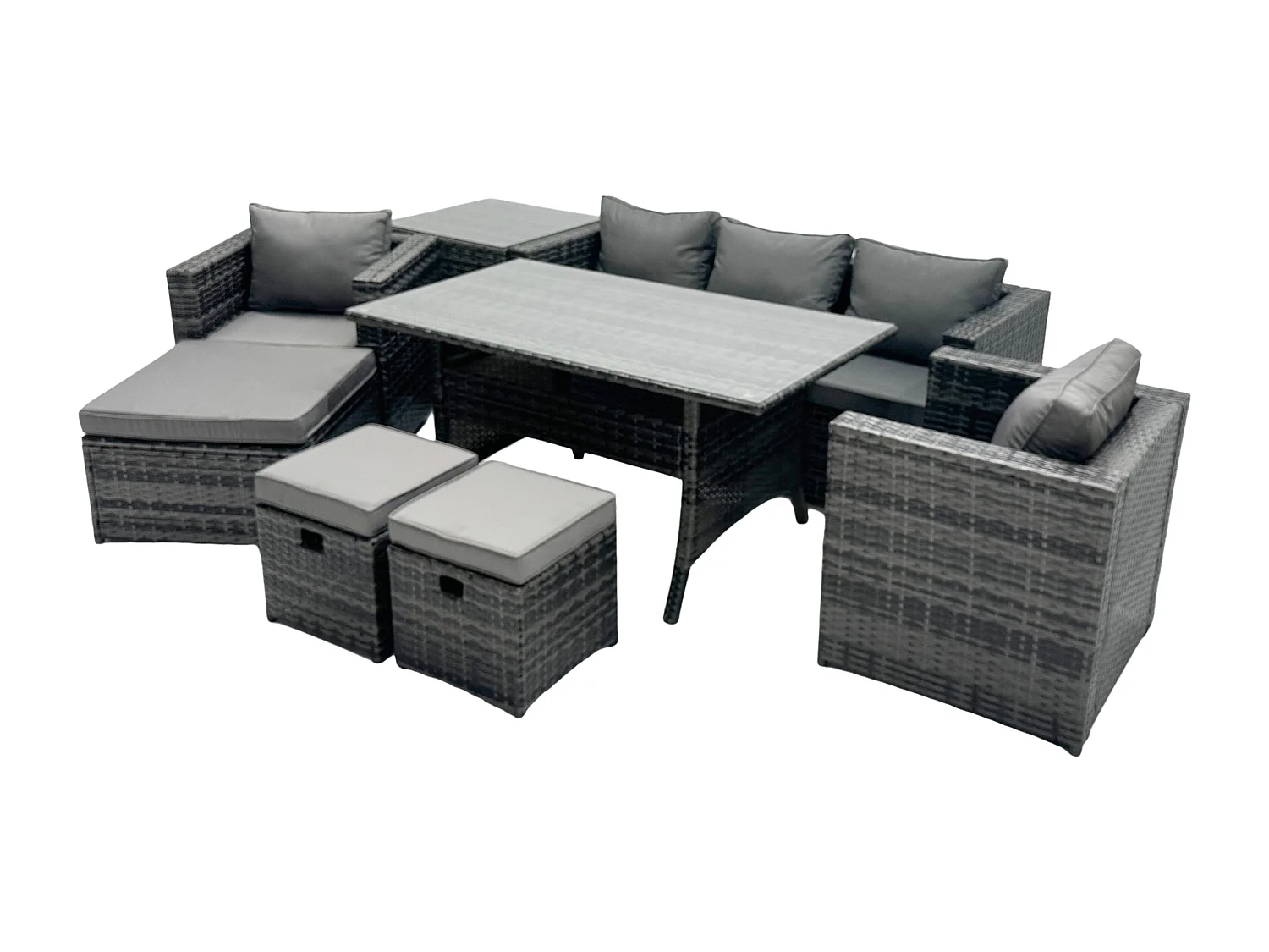 Fimous 8 Seater Outdoor Garden Furniture Set Patio Rattan Rectangular Dining Table Lounge Sofa Chair with Side Table Big Footstool 2 Small Stools Dark Grey Mixed