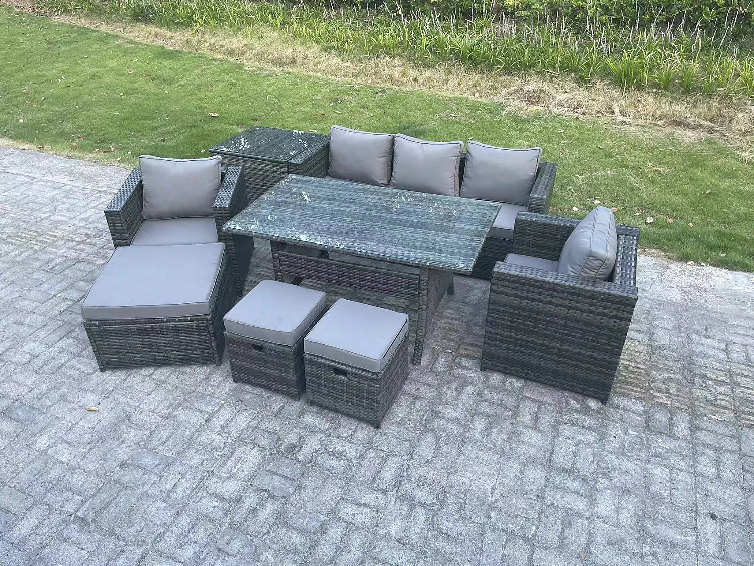 Fimous 8 Seater Outdoor Garden Furniture Set Patio Rattan Rectangular Dining Table Lounge Sofa Chair with Side Table Big Footstool 2 Small Stools Dark Grey Mixed