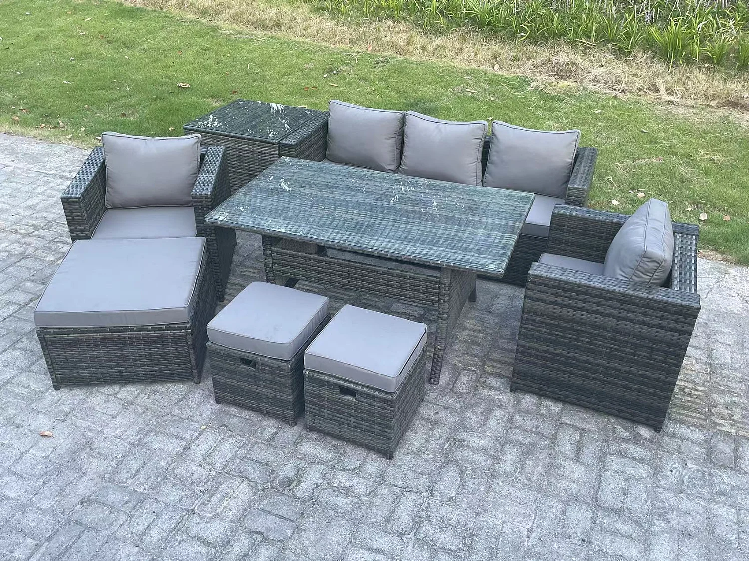 Fimous 8 Seater Outdoor Garden Furniture Set Patio Rattan Rectangular Dining Table Lounge Sofa Chair with Side Table Big Footstool 2 Small Stools Dark Grey Mixed