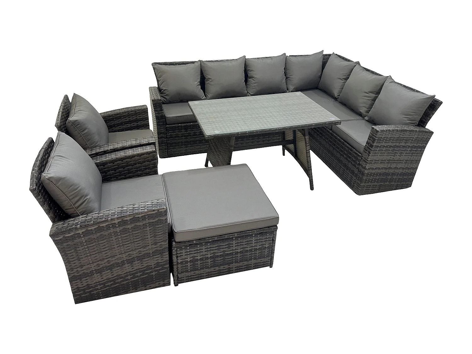 Fimous High Back Outdoor Garden Furniture Set Rattan Corner Sofa Dining Table Set With 2 Armchairs Big Footstool 9 Seater Dark Grey Mixed