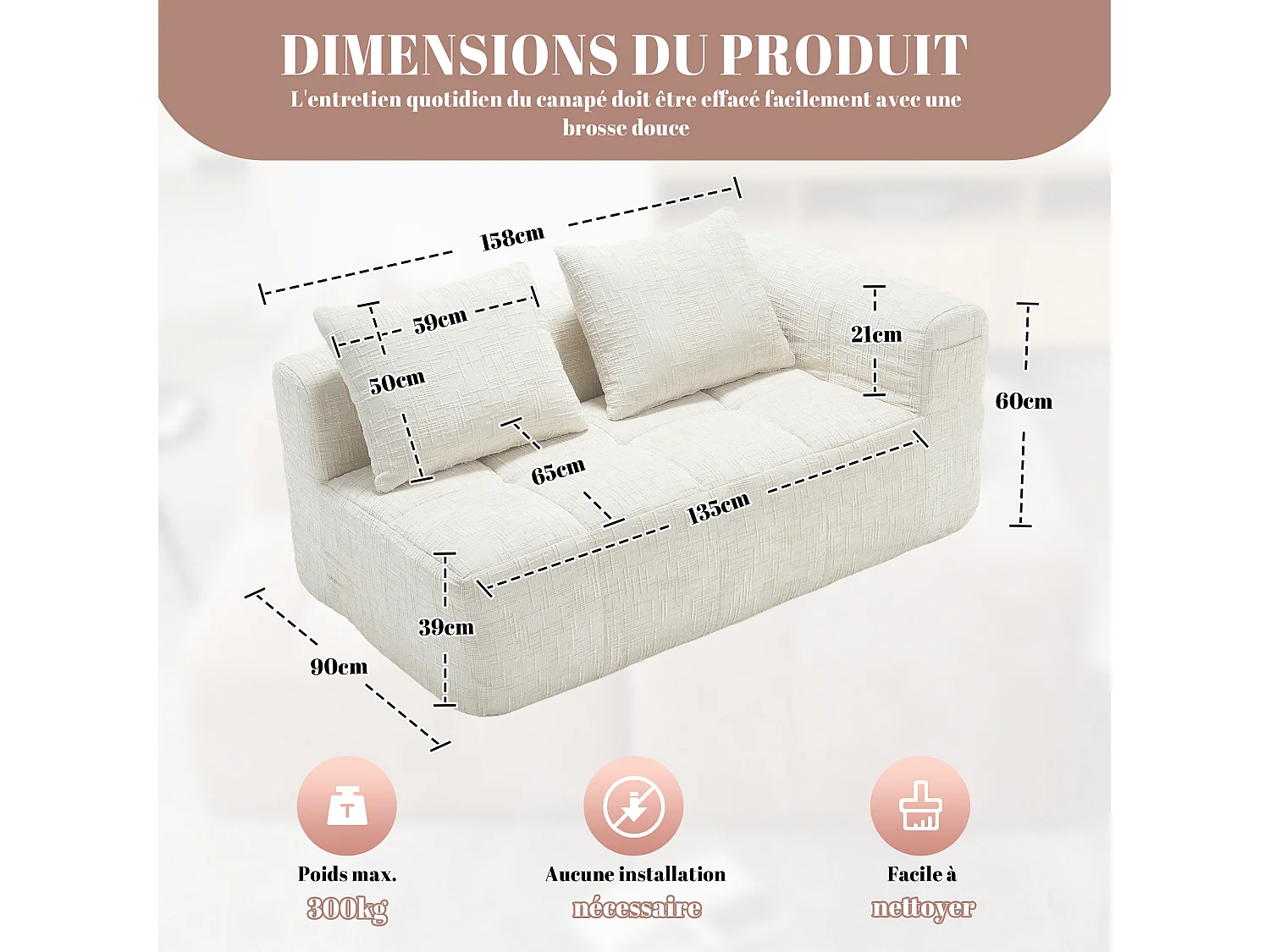 Canapé d'angle 2 places en chenille -  module d'angle - avec poche de rangement latérale - Beige - Parfait pour Salon et Studio