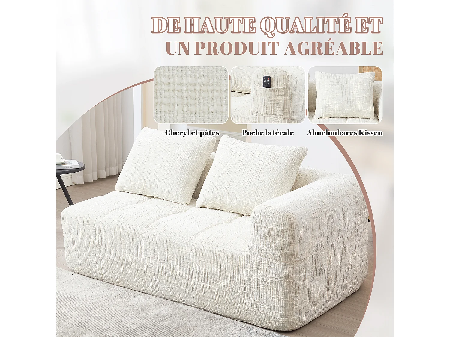 Canapé d'angle 2 places en chenille -  module d'angle - avec poche de rangement latérale - Beige - Parfait pour Salon et Studio