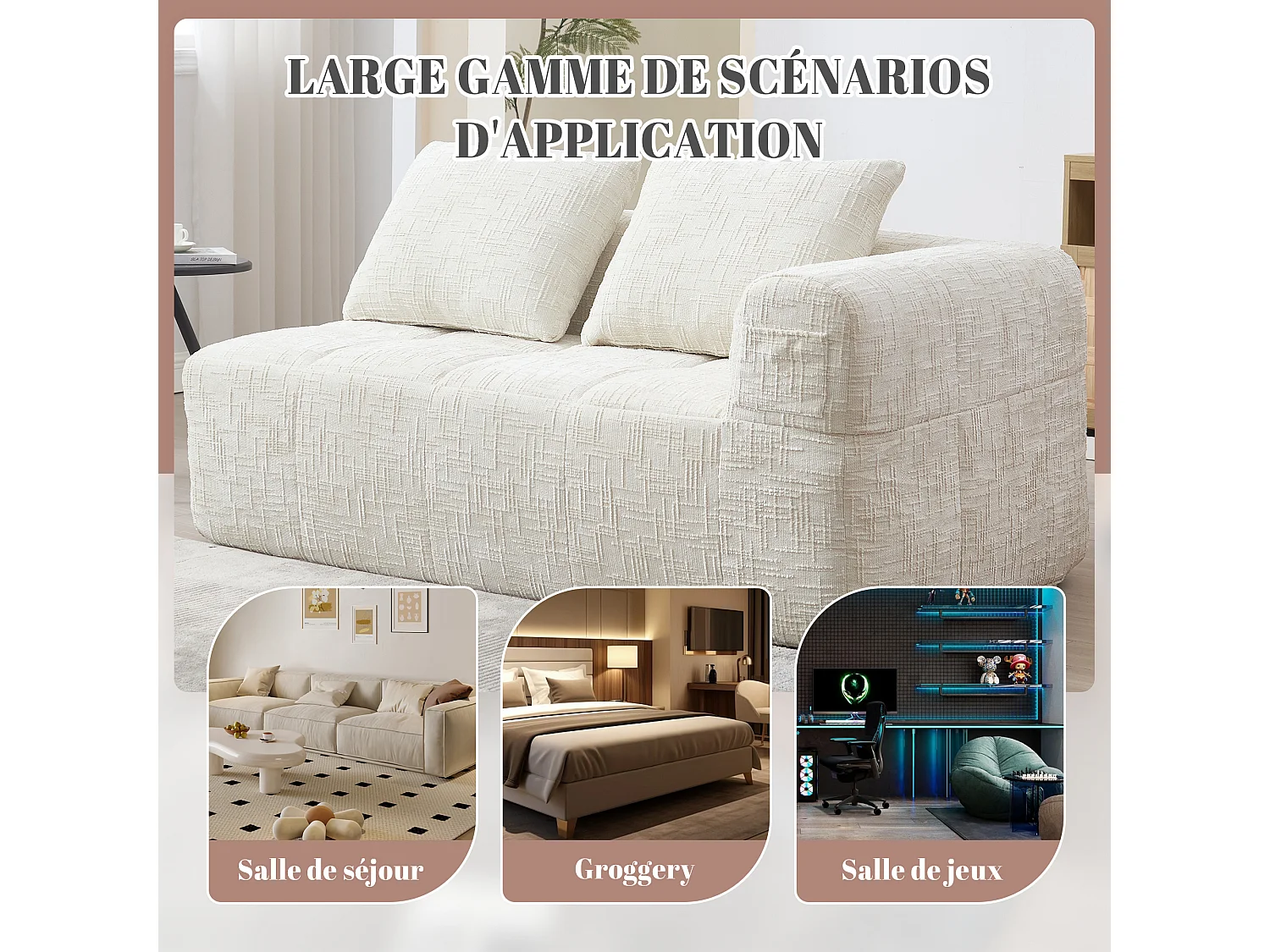 Canapé d'angle 2 places en chenille -  module d'angle - avec poche de rangement latérale - Beige - Parfait pour Salon et Studio