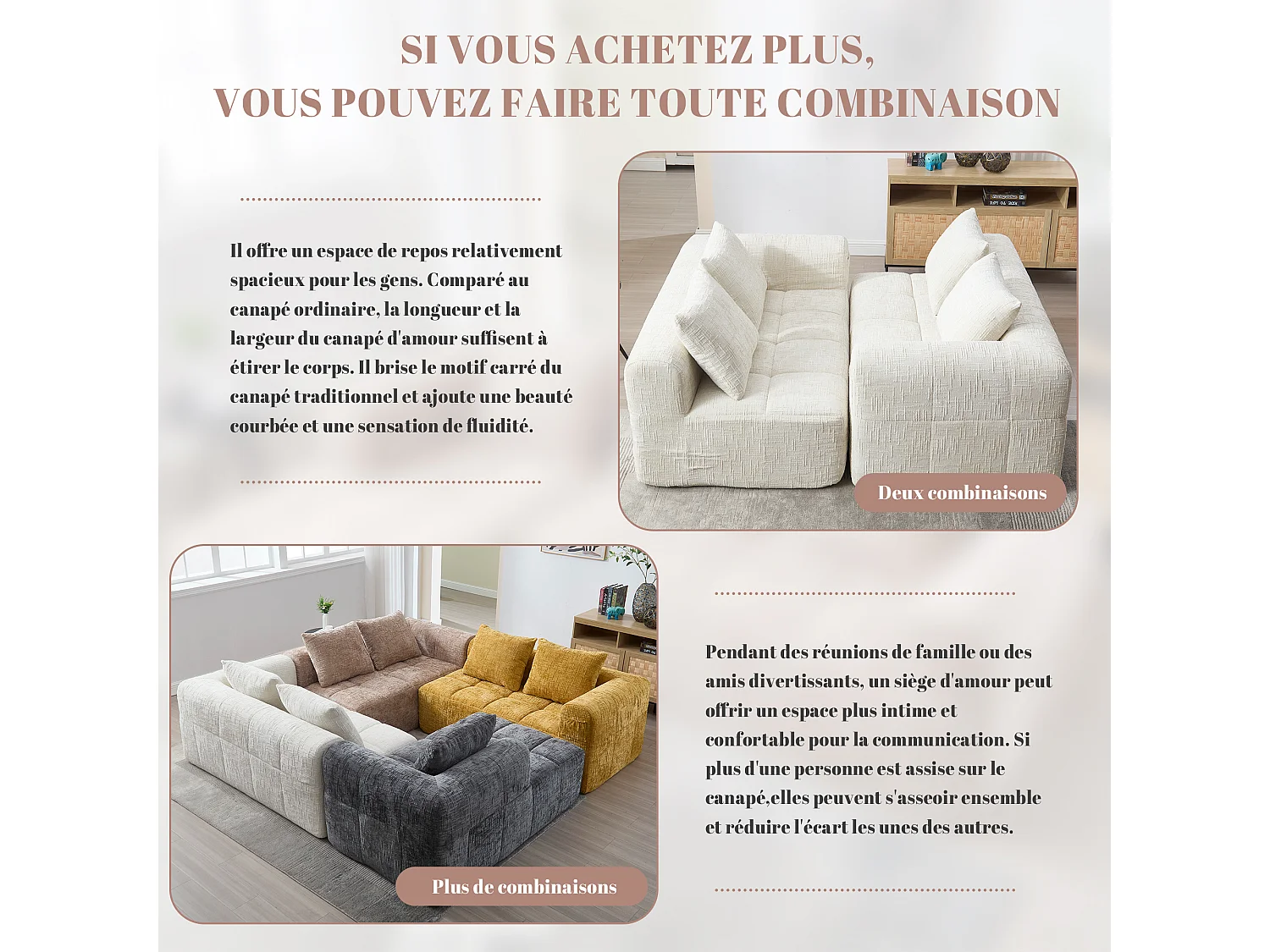 Canapé d'angle 2 places en chenille -  module d'angle - avec poche de rangement latérale - Beige - Parfait pour Salon et Studio