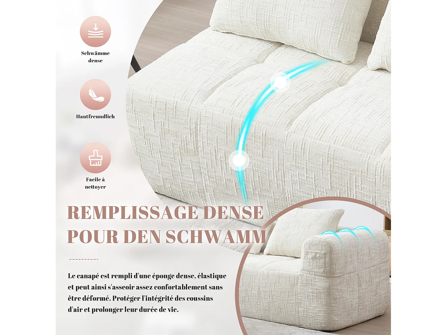 Canapé d'angle 2 places en chenille -  module d'angle - avec poche de rangement latérale - Beige - Parfait pour Salon et Studio