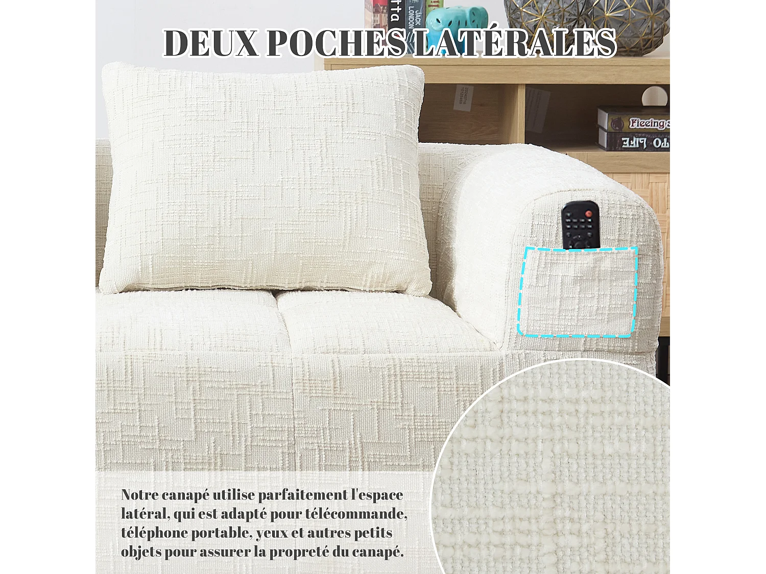 Canapé d'angle 2 places en chenille -  module d'angle - avec poche de rangement latérale - Beige - Parfait pour Salon et Studio