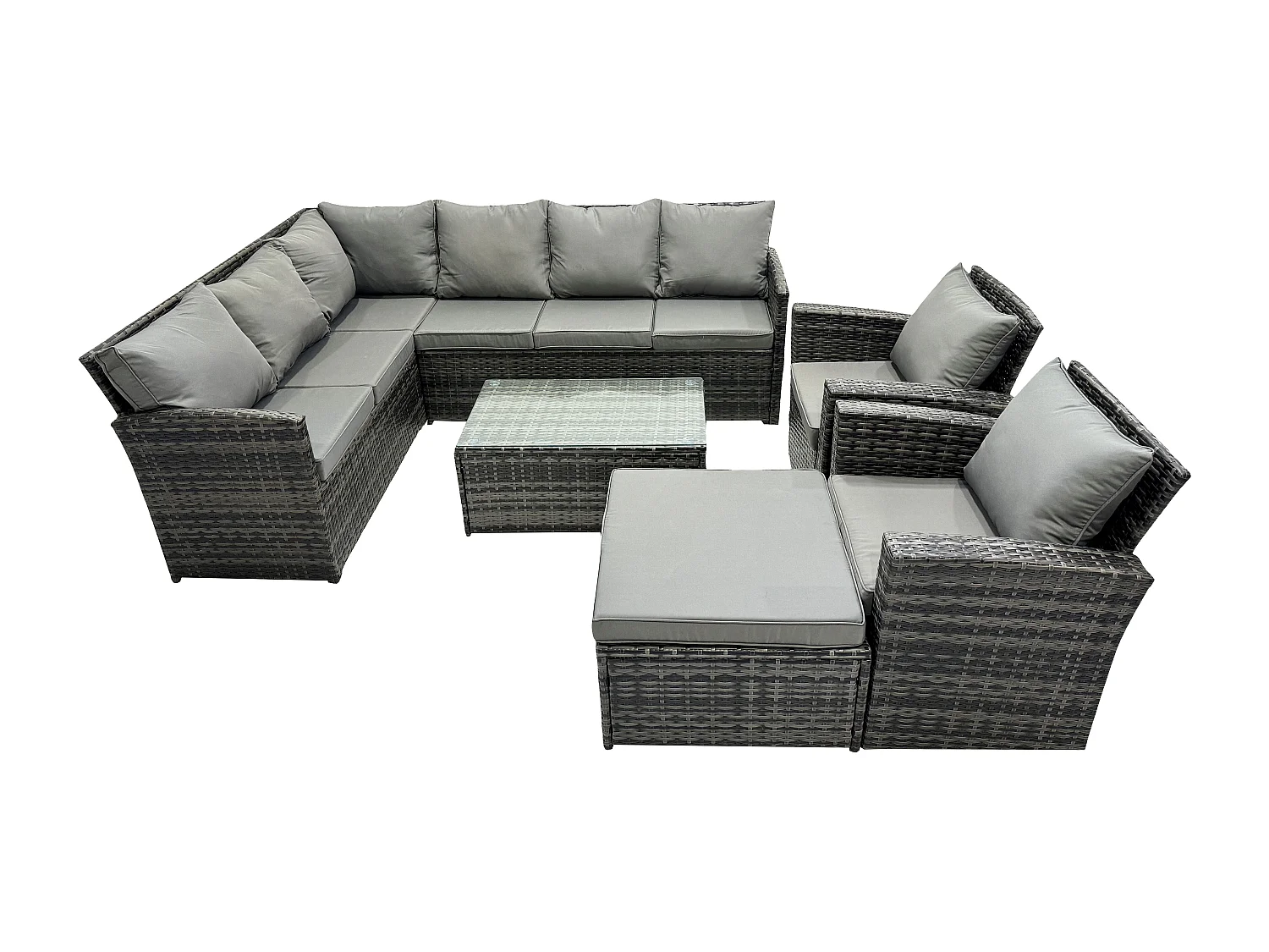 Fimous 9 Seater Rattan Garden Furniture Sets High Back Corner Sofa Rectangular Coffee Table Set with Big Footstool 2 Armchairs Dark Grey Mixed