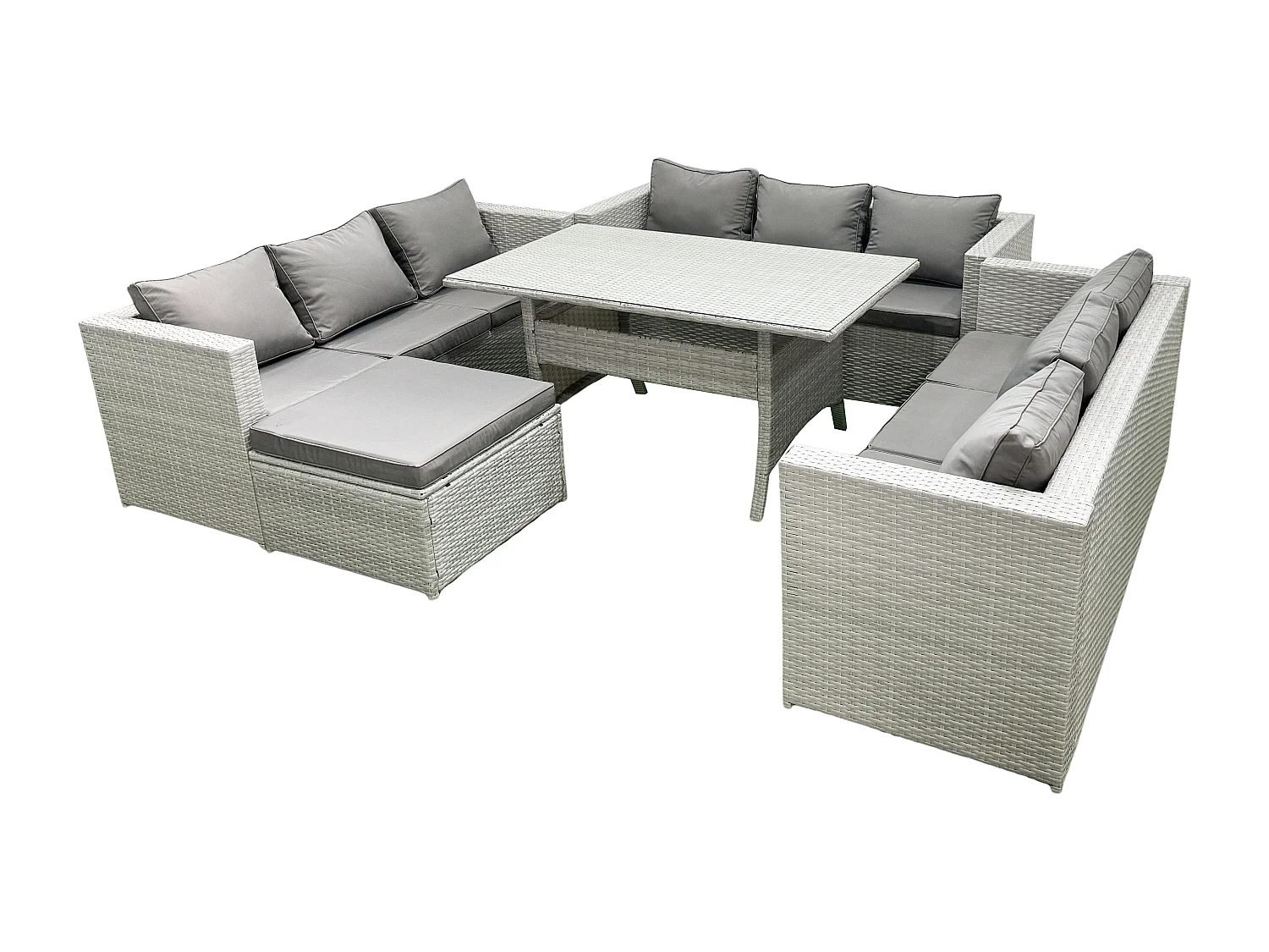 Fimous Rattan Garden Outdoor Furniture Set 10 Seater Garden Sofa Rectangulr Dining Table Set with Big Footstool Light Grey Mixed