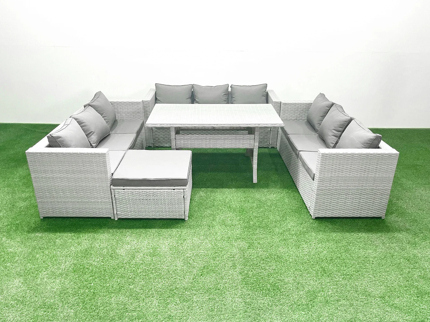 Fimous Rattan Garden Outdoor Furniture Set 10 Seater Garden Sofa Rectangulr Dining Table Set with Big Footstool Light Grey Mixed