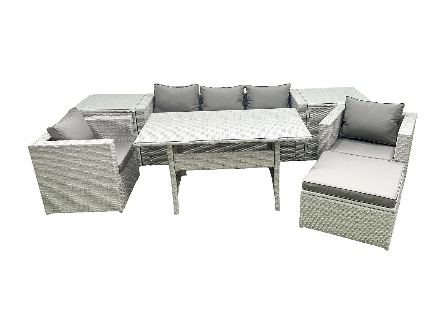 Gartenmöbel-Set aus Rattan mit Sofa Esstisch 2 Sesseln Großer Fußhocker 2 Beistelltischen Hellgrau gemischt