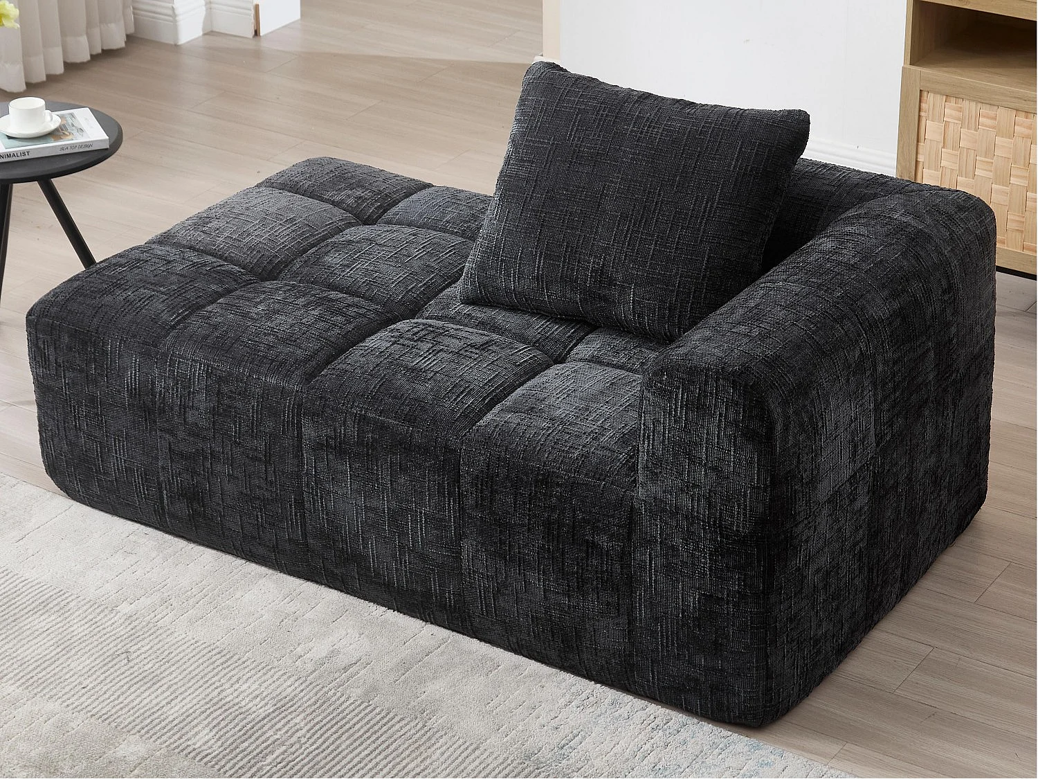 Canapé d'angle 1 places en chenille -  module d'angle - noir - avec poche de rangement latérale - Parfait pour Salon et Studio