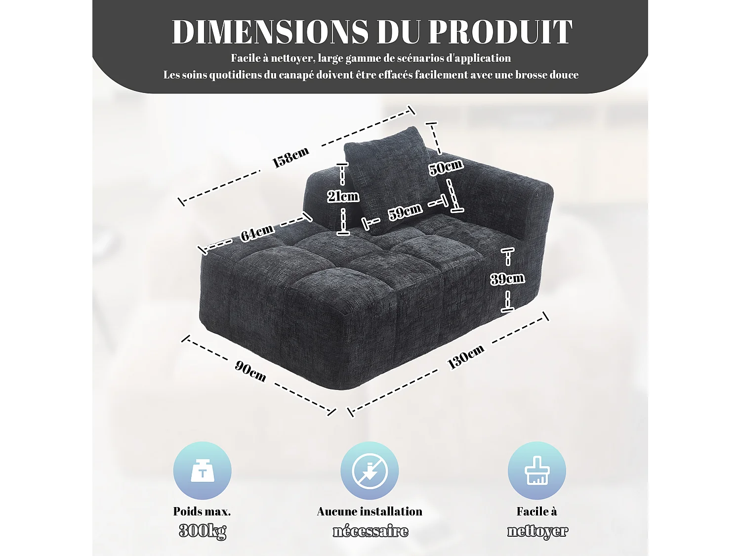 Canapé d'angle 1 places en chenille -  module d'angle - noir - avec poche de rangement latérale - Parfait pour Salon et Studio