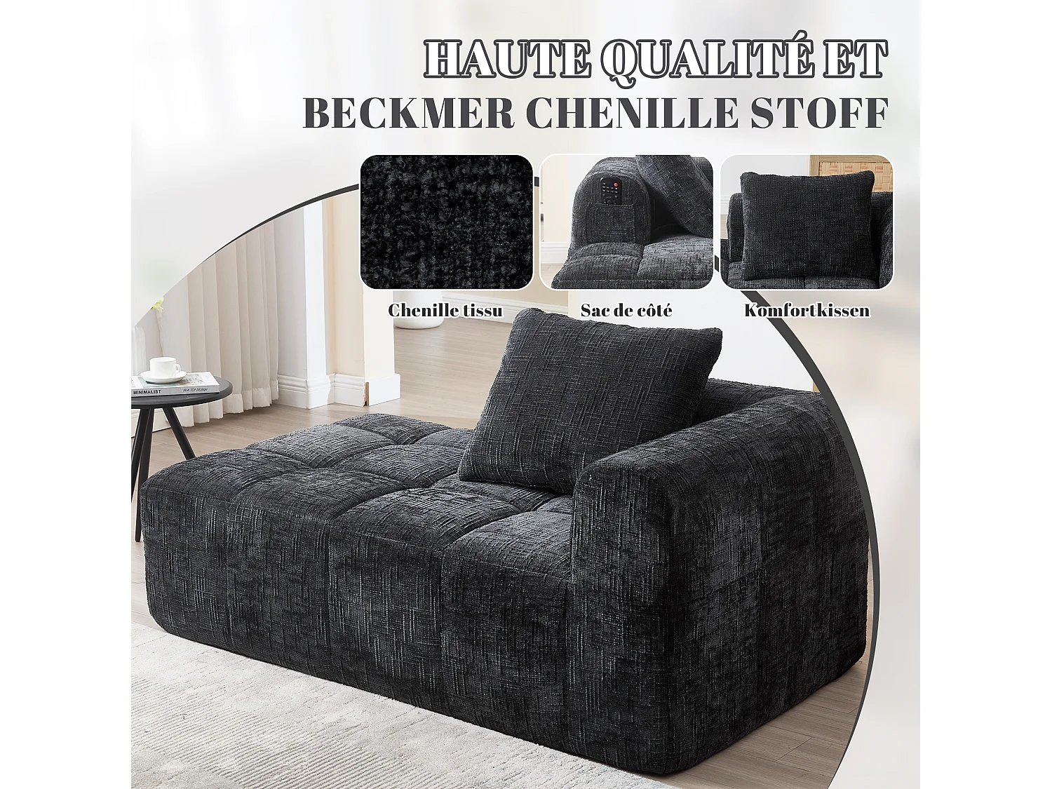 Canapé d'angle 1 places en chenille -  module d'angle - noir - avec poche de rangement latérale - Parfait pour Salon et Studio