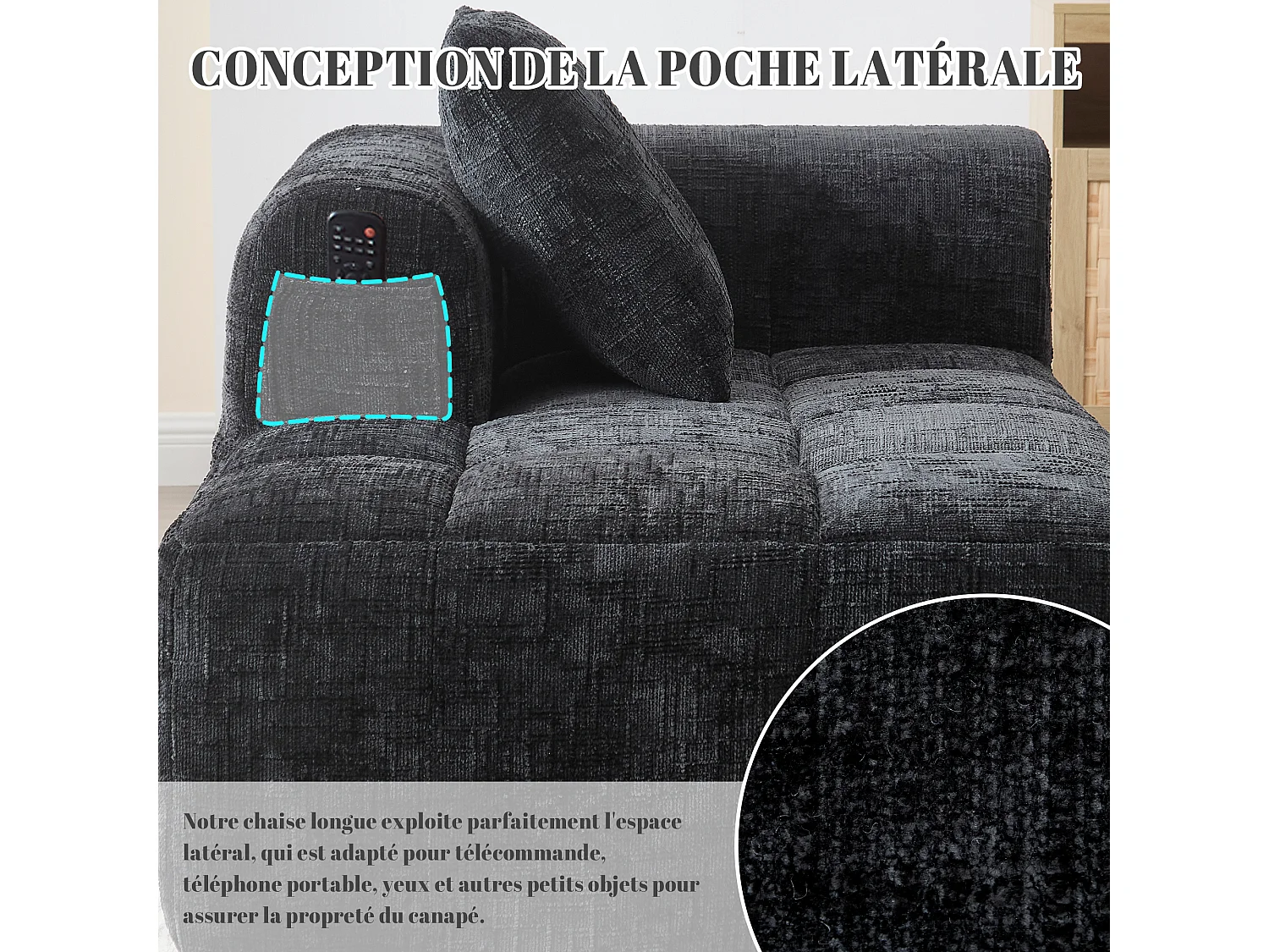 Canapé d'angle 1 places en chenille -  module d'angle - noir - avec poche de rangement latérale - Parfait pour Salon et Studio