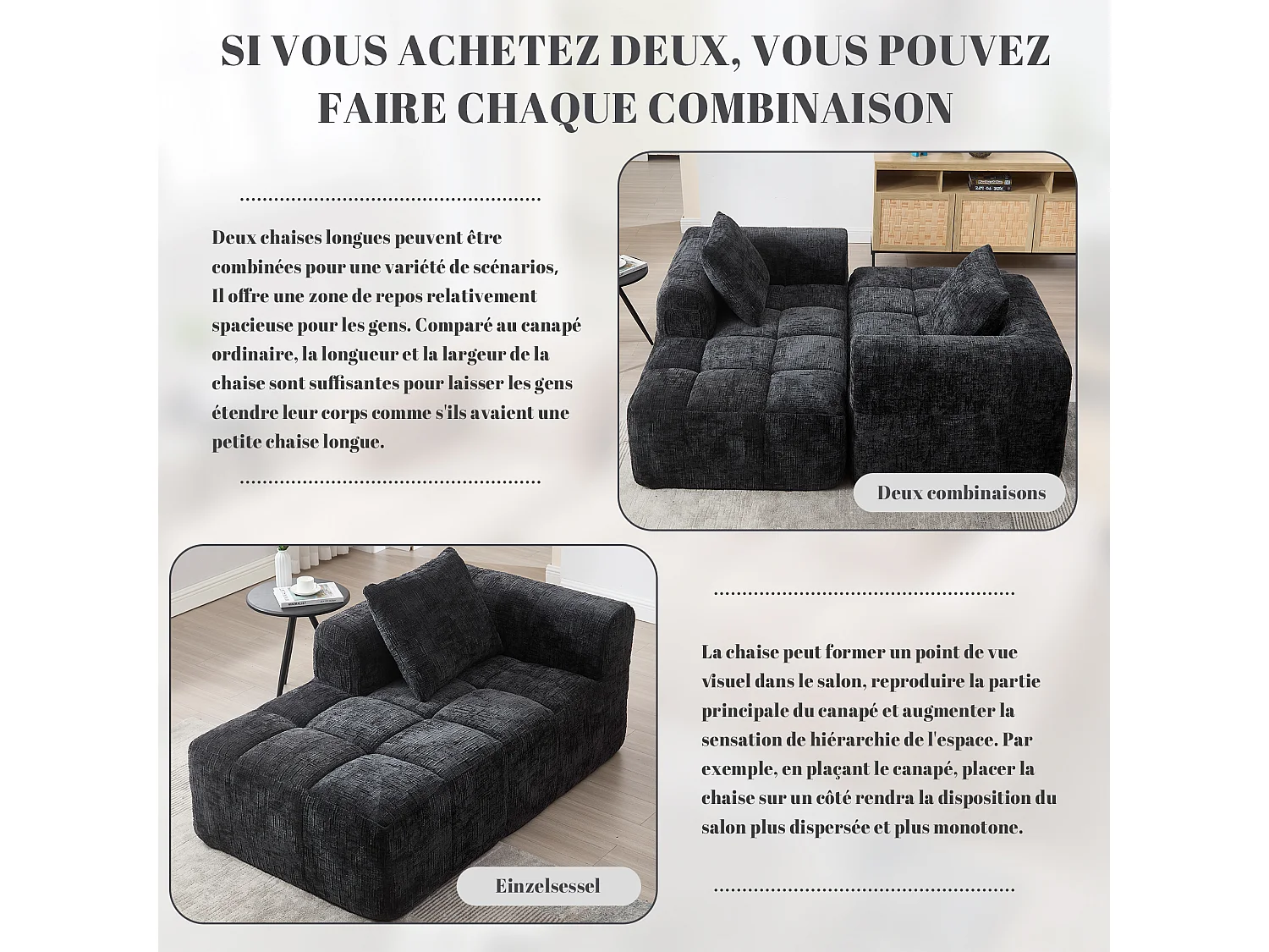 Canapé d'angle 1 places en chenille -  module d'angle - noir - avec poche de rangement latérale - Parfait pour Salon et Studio