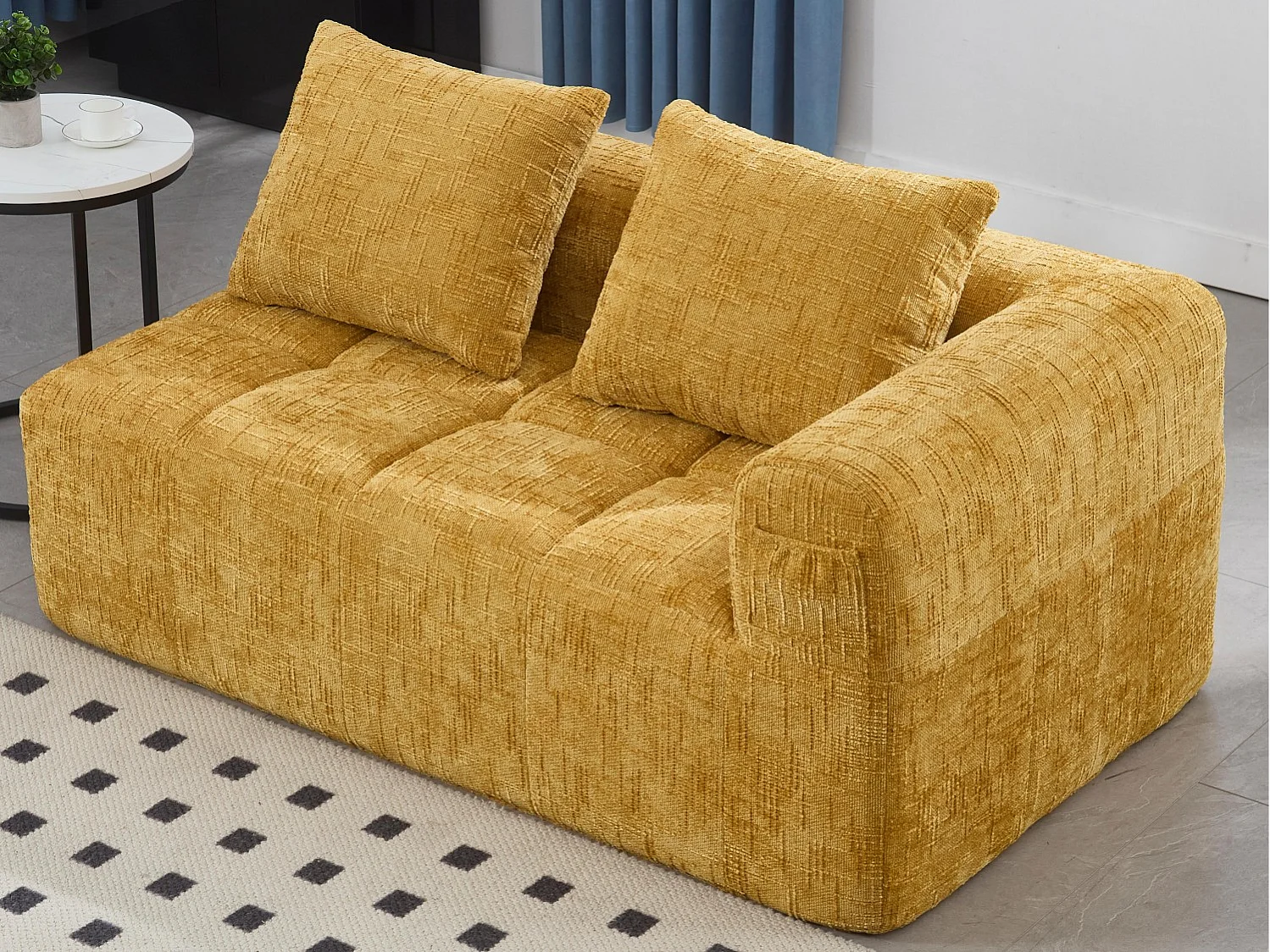 Canapé d'angle 2 places en chenille -  module d'angle - avec poche de rangement latérale - Jaune - Parfait pour Salon et Studio