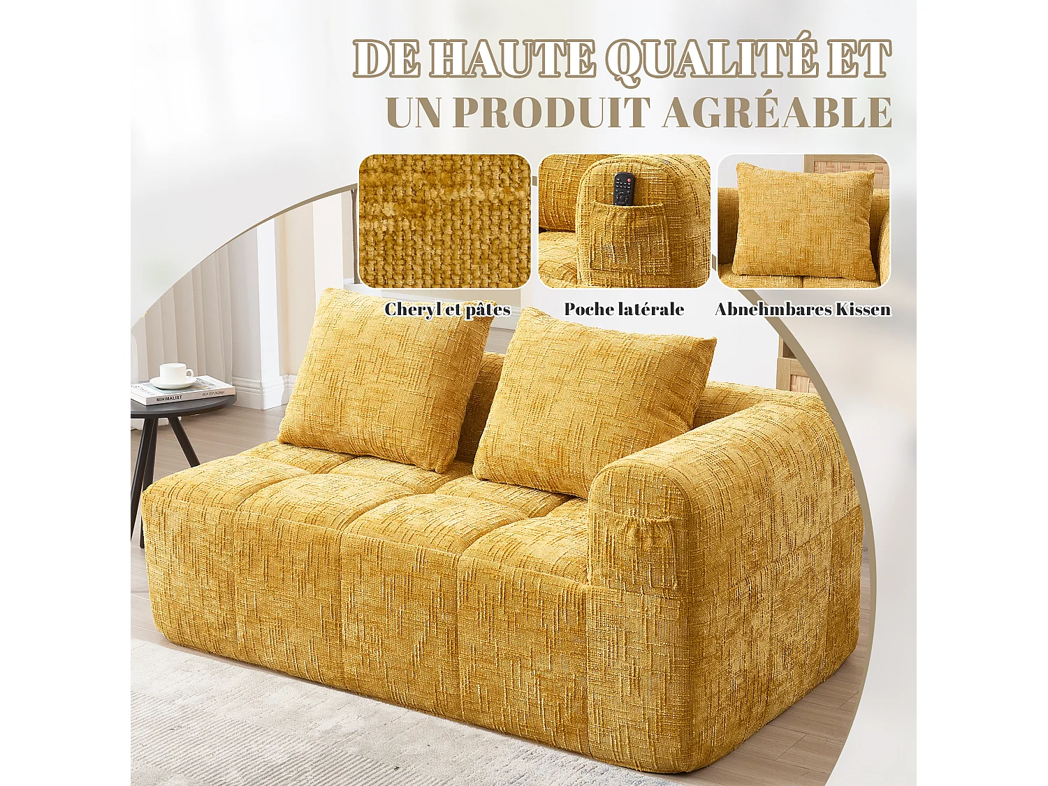 Canapé d'angle 2 places en chenille -  module d'angle - avec poche de rangement latérale - Jaune - Parfait pour Salon et Studio