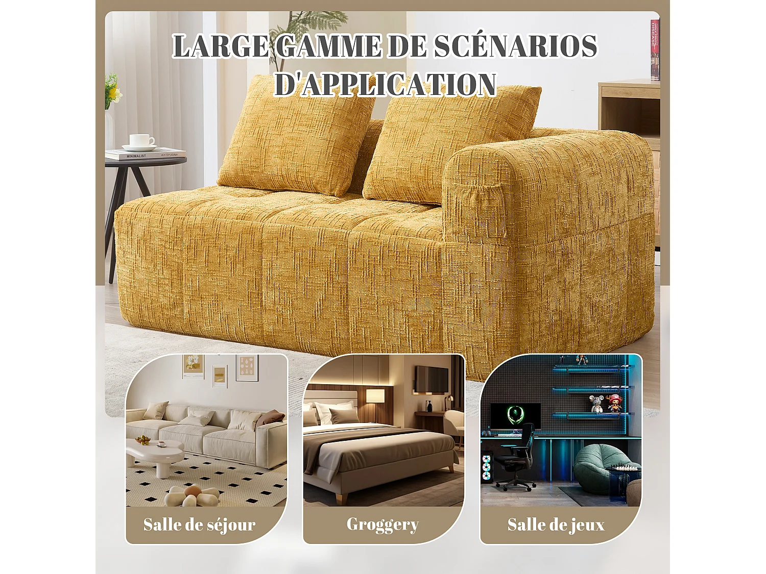 Canapé d'angle 2 places en chenille -  module d'angle - avec poche de rangement latérale - Jaune - Parfait pour Salon et Studio