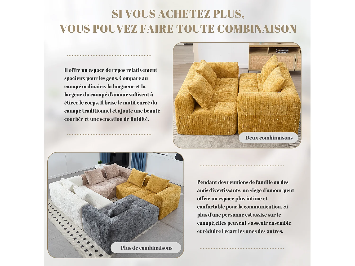 Canapé d'angle 2 places en chenille -  module d'angle - avec poche de rangement latérale - Jaune - Parfait pour Salon et Studio