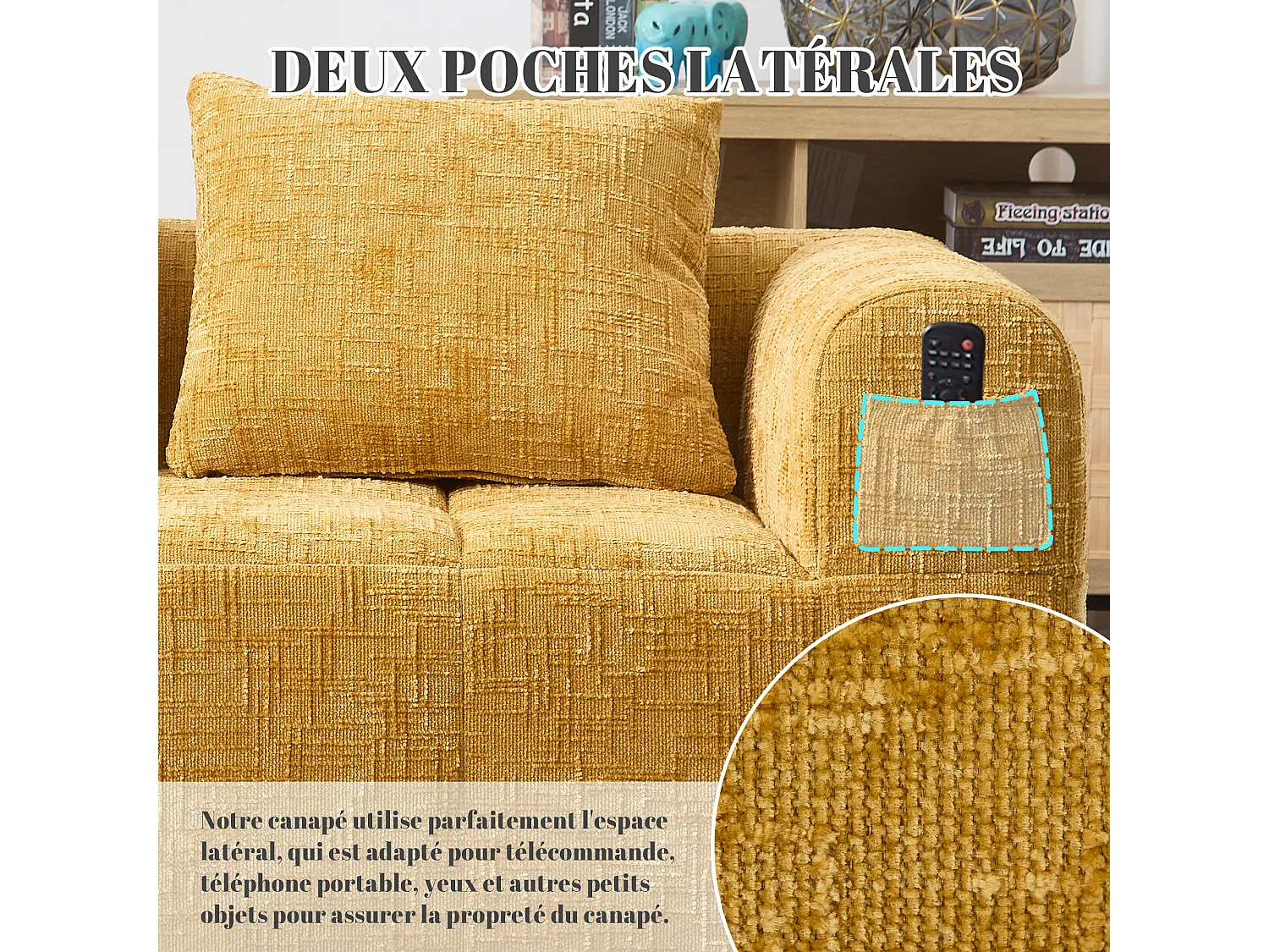 Canapé d'angle 2 places en chenille -  module d'angle - avec poche de rangement latérale - Jaune - Parfait pour Salon et Studio