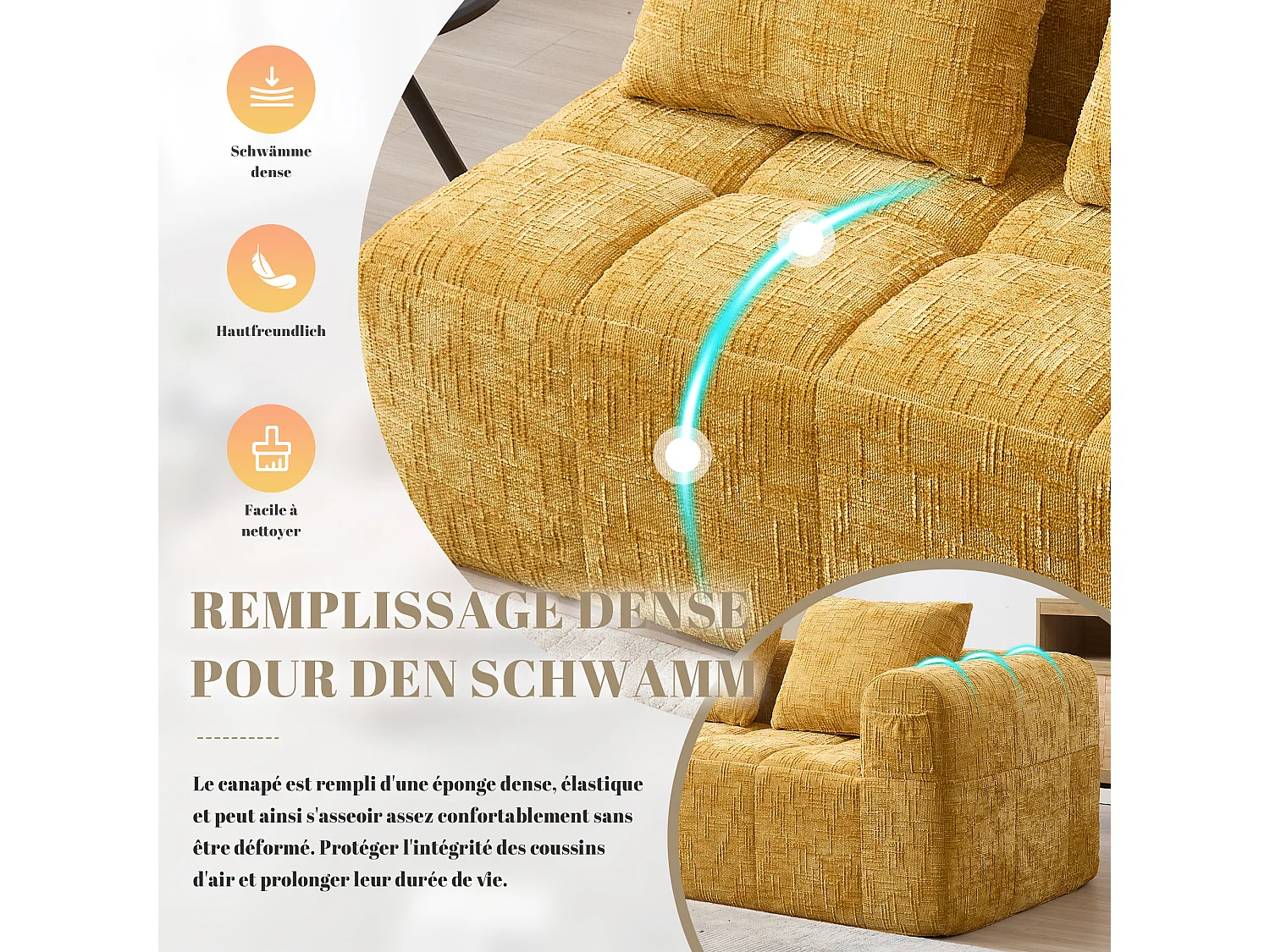 Canapé d'angle 2 places en chenille -  module d'angle - avec poche de rangement latérale - Jaune - Parfait pour Salon et Studio