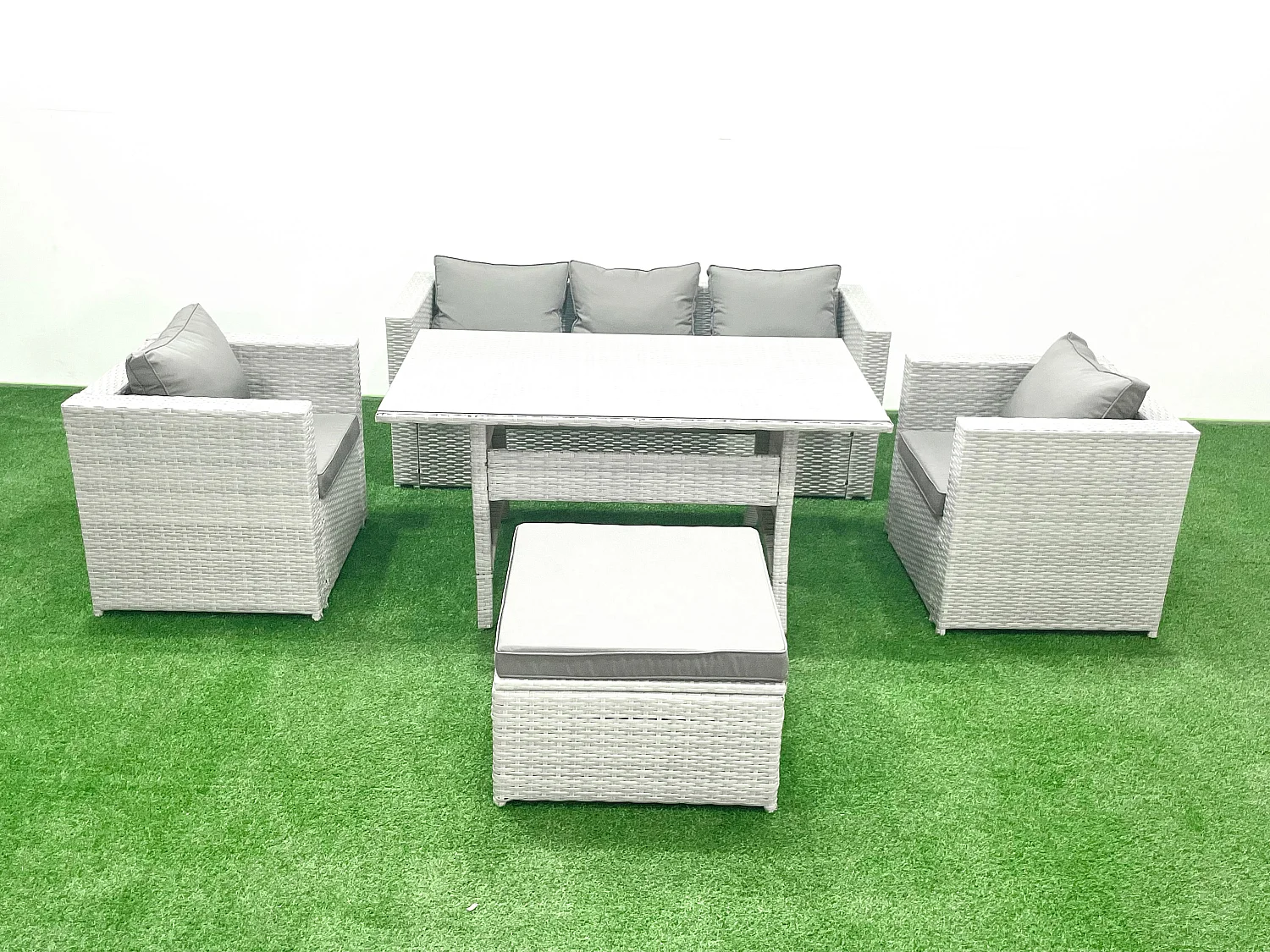 Gartenmöbel-Set aus Rattan mit Sofa Esstisch 2 Sesseln Großer Fußhocker Hellgrau gemischt