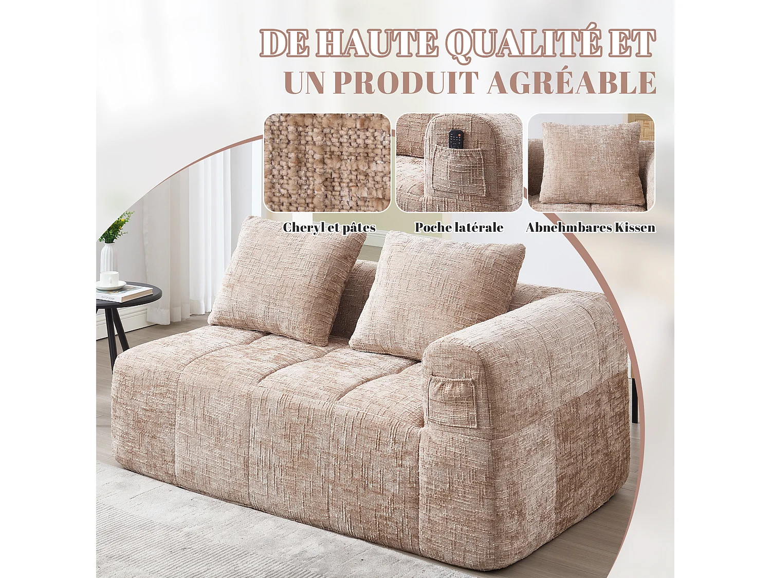 Canapé d'angle 2 places en chenille -  module d'angle - avec poche de rangement latérale - Taupe - Parfait pour Salon et Studio