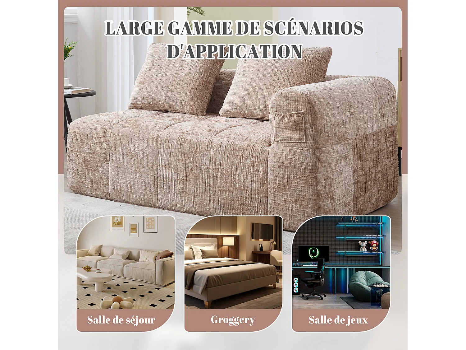 Canapé d'angle 2 places en chenille -  module d'angle - avec poche de rangement latérale - Taupe - Parfait pour Salon et Studio