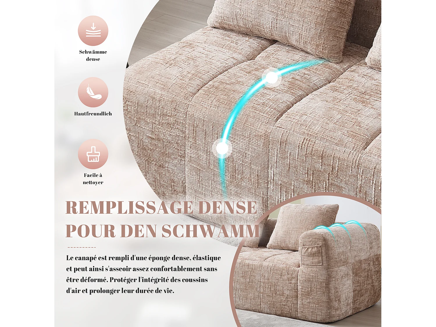 Canapé d'angle 2 places en chenille -  module d'angle - avec poche de rangement latérale - Taupe - Parfait pour Salon et Studio