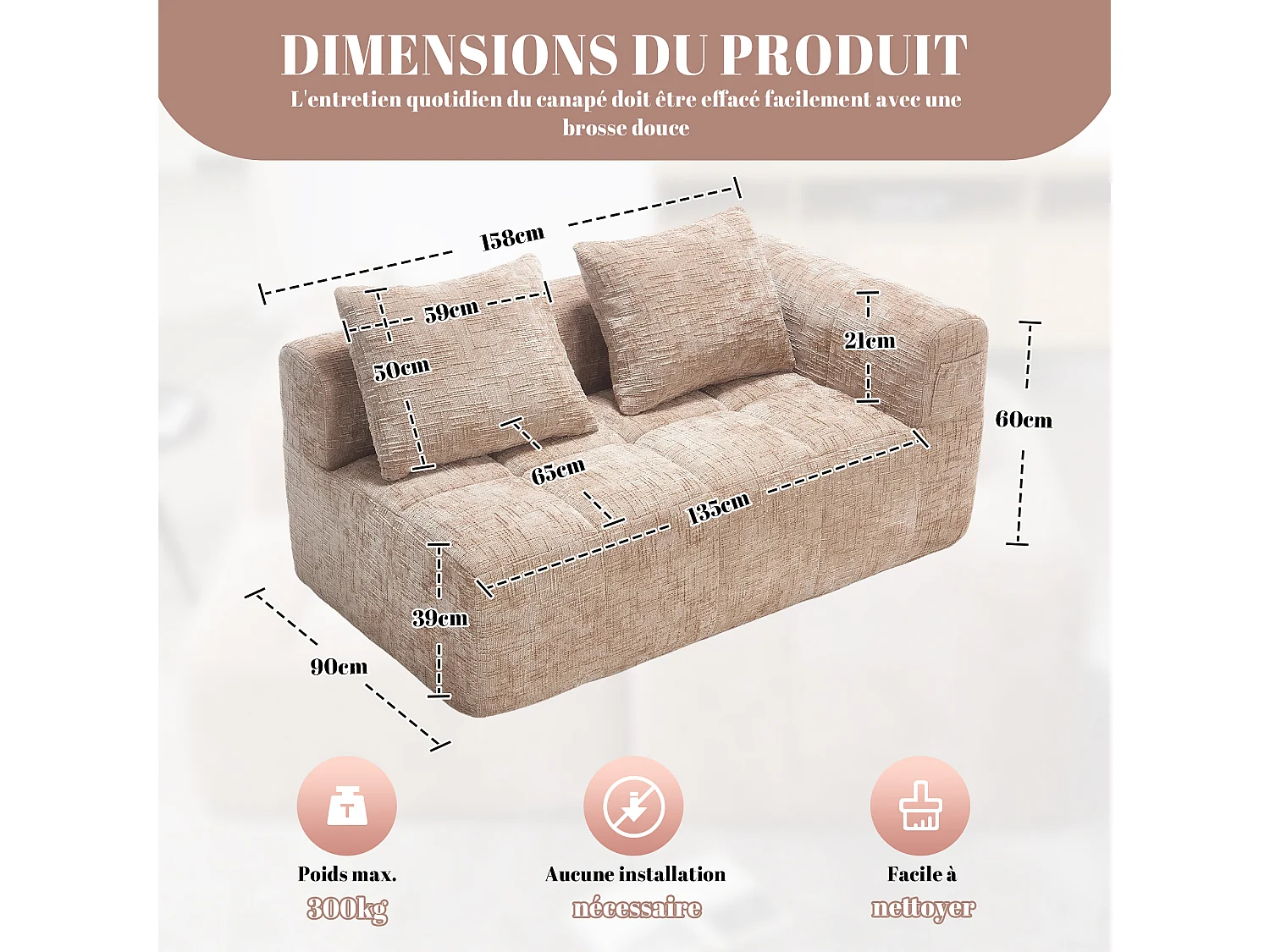 Canapé d'angle 2 places en chenille -  module d'angle - avec poche de rangement latérale - Taupe - Parfait pour Salon et Studio