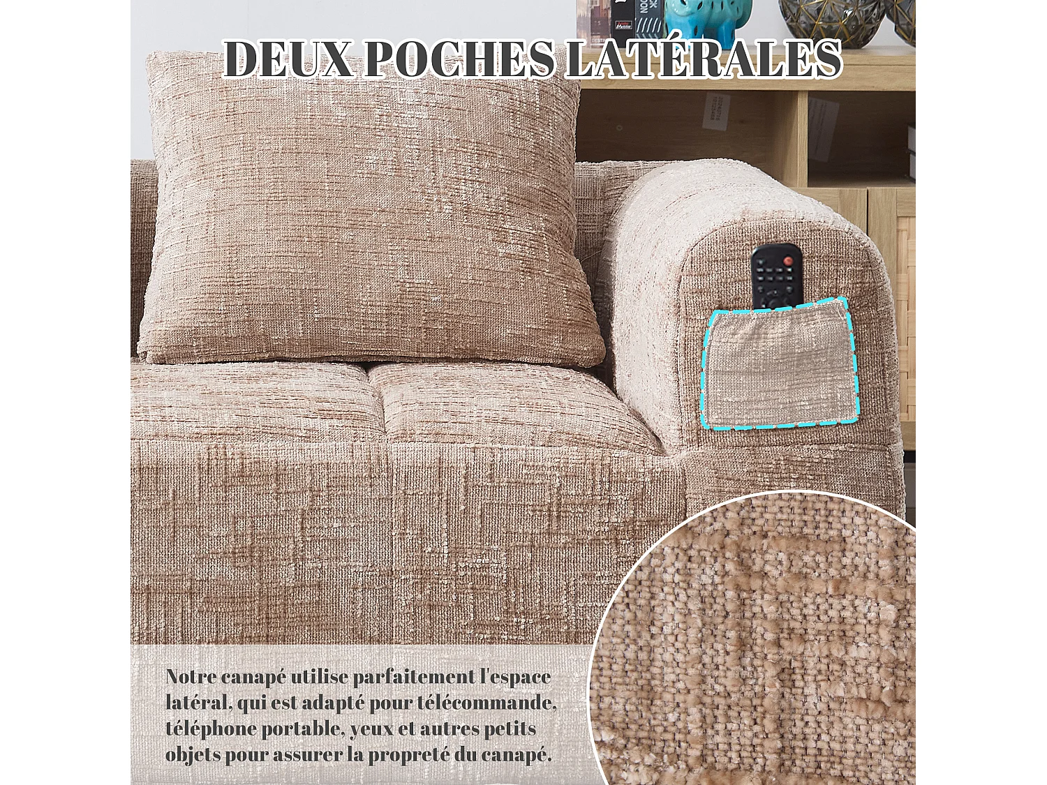 Canapé d'angle 2 places en chenille -  module d'angle - avec poche de rangement latérale - Taupe - Parfait pour Salon et Studio